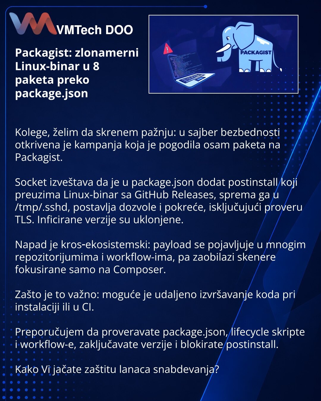 Packagist: zlonamerni Linux-binar u 8 paketa preko package.json

Kolege, želim da skrenem pažnju: u sajber bezbednosti otkrivena je kampanja koja je pogodila osam paketa na Packagist.

Socket izveštava da je u package.json dodat postinstall koji preuzima Linux-binar sa GitHub Releases, sprema ga u /tmp/.sshd, postavlja dozvole i pokreće, isključujući proveru TLS. Inficirane verzije su uklonjene.

Napad je kros‑ekosistemski: payload se pojavljuje u mnogim repozitorijumima i workflow-ima, pa zaobi