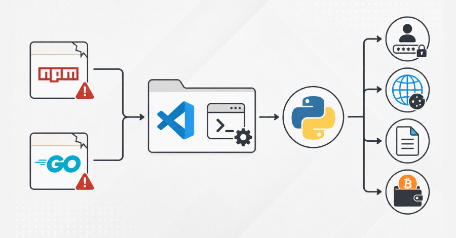 Infekcija npm i Go paketa putem VS Code taskova: Python infostiler i backdoor