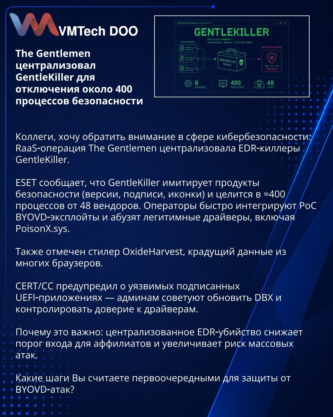 The Gentlemen centralizovao GentleKiller za blokiranje oko 400 sigurnosnih procesa

Kolege, skrećem pažnju: RaaS‑operacija The Gentlemen centralizovala je EDR‑kilere GentleKiller.

ESET navodi da GentleKiller imitira proizvode bezbednosti (verzije, potpisi, ikone) i cilja oko 400 procesa od 48 proizvođača. Operateri integrišu PoC BYOVD‑eksploite i zloupotrebljavaju legitimne drajvere, uključujući PoisonX.sys.

Primećen je stiler OxideHarvest koji krade podatke iz pregledača.

CERT/CC je upozorio