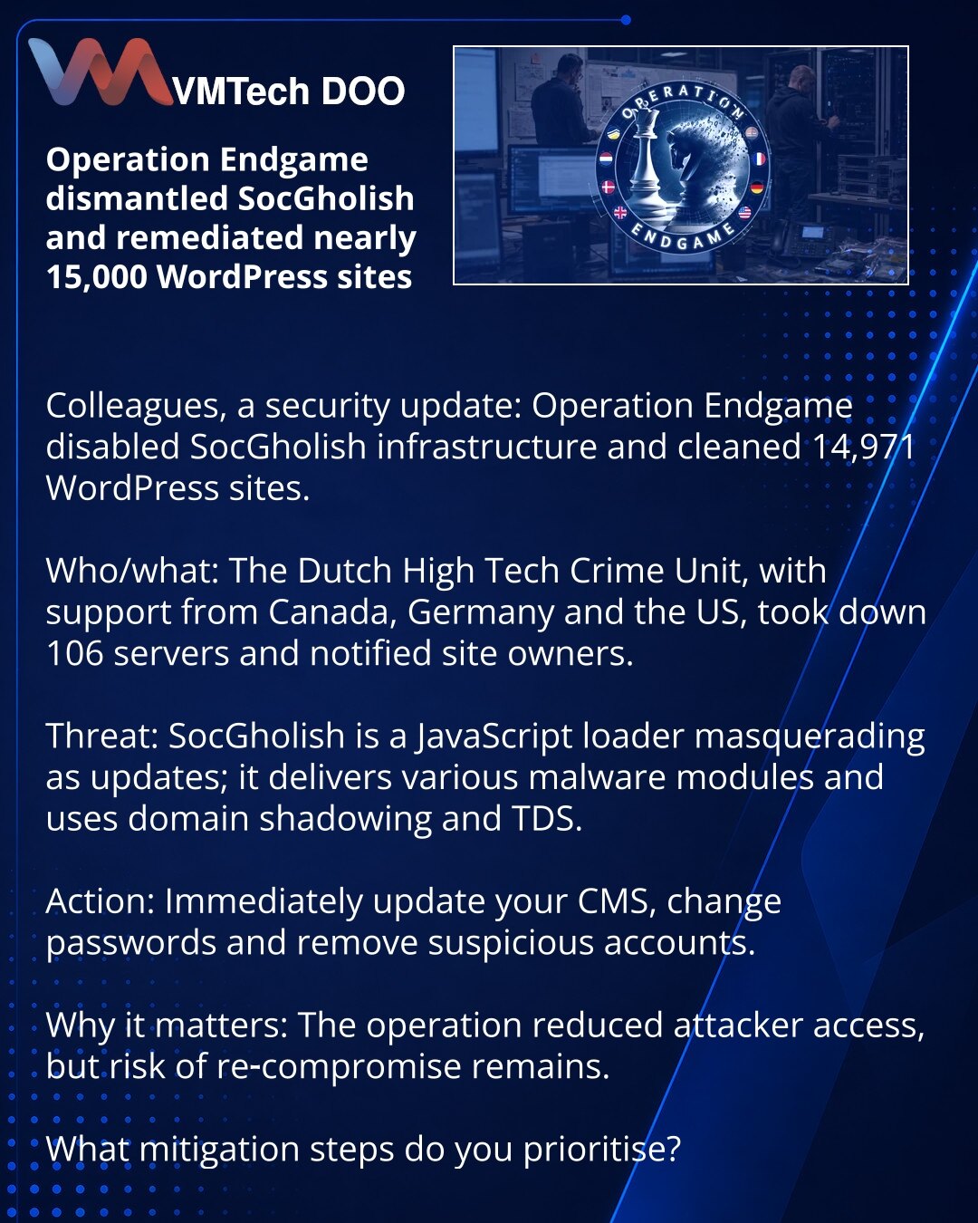 Operacija Endgame onemogućila SocGholish i očistila 14.971 WordPress sajtova

Kolege, želim skrenuti pažnju u oblasti kibernetičke bezbednosti: Operacija Endgame onemogućila je servere SocGholish i očistila 14.971 WordPress sajt.

Ko je i šta: Holandska služba za borbu protiv visokotehnološkog kriminala, uz podršku Kanade, Nemačke i SAD, isključila je 106 servera i obavestila vlasnike.

Pretnja: SocGholish — JavaScript učitavač koji se maskira kao ažuriranja; služi kao kanal za različite zloname