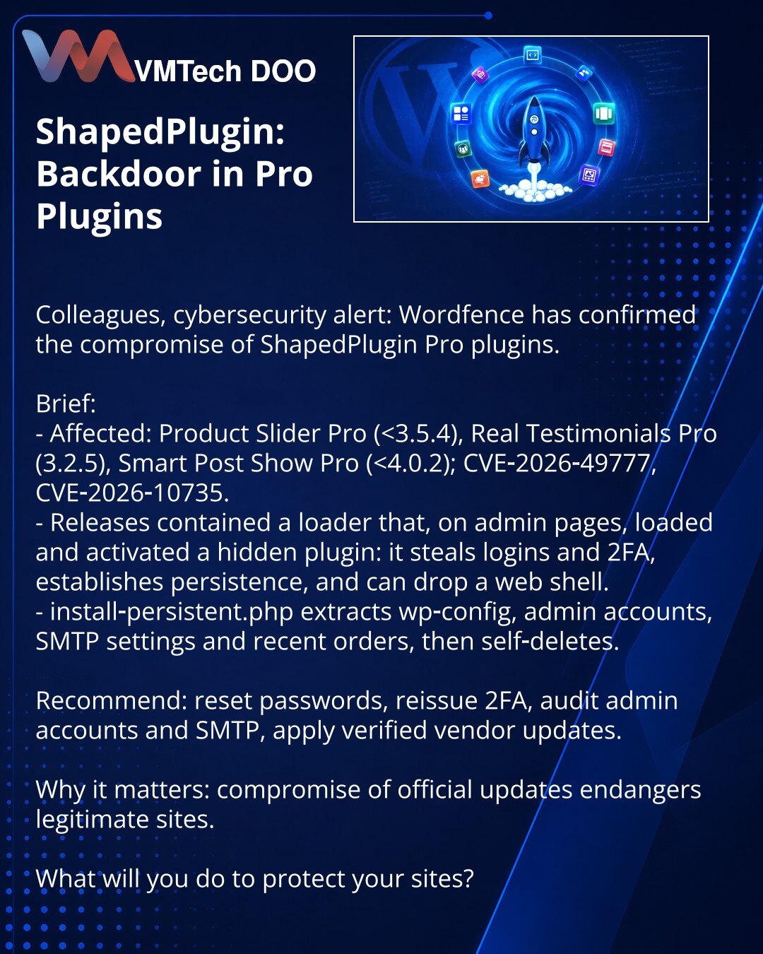 ShapedPlugin: bekdor u Pro-pluginima

Kolege, skrećem pažnju u oblasti kibernetske bezbednosti: Wordfence je potvrdio kompromitaciju Pro-pluginova ShapedPlugin.

Ukratko:
- Pogođeni: Product Slider Pro (