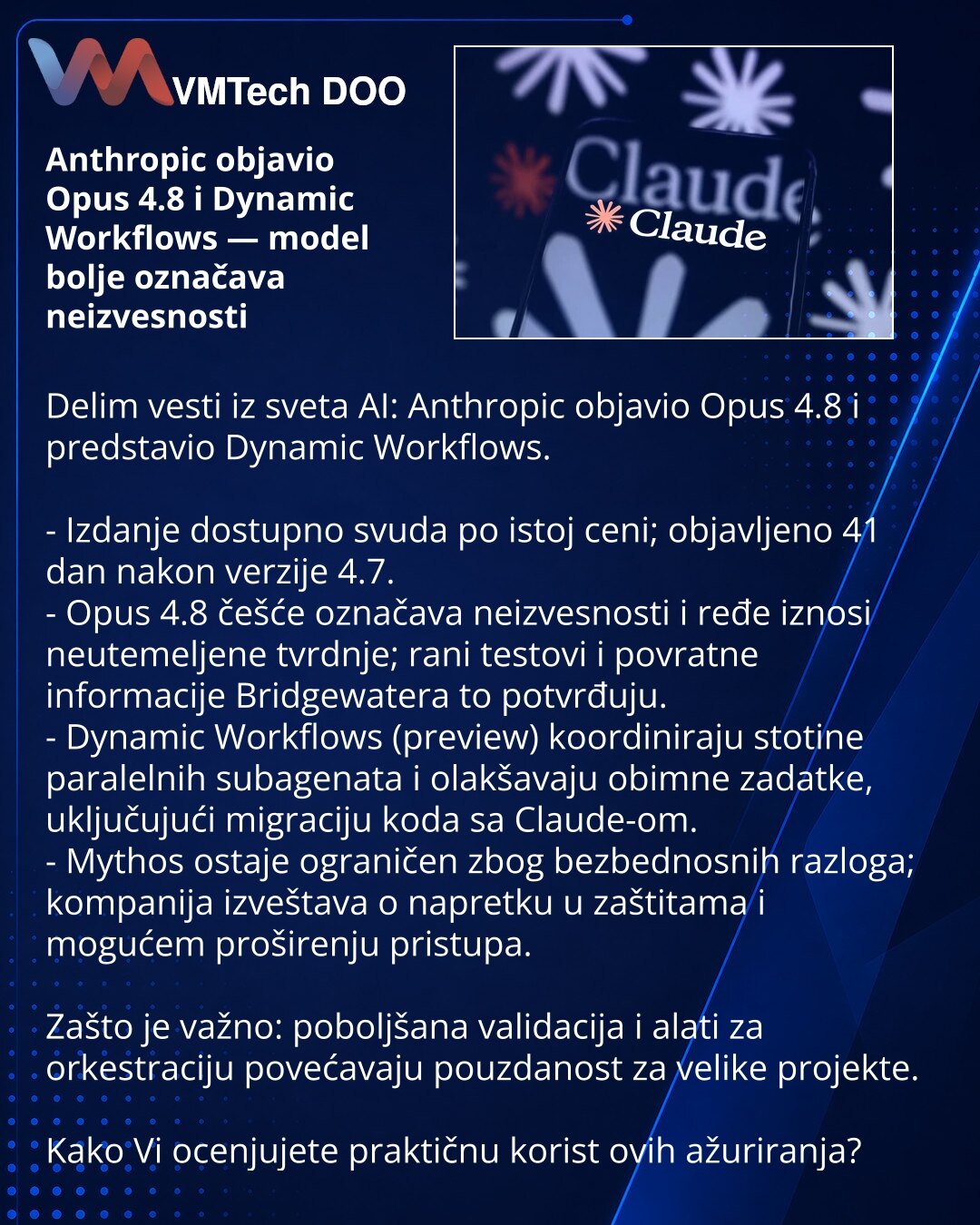 Anthropic objavio Opus 4.8 i Dynamic Workflows — model bolje označava neizvesnosti

Delim vesti iz sveta AI: Anthropic objavio Opus 4.8 i predstavio Dynamic Workflows.

- Izdanje dostupno svuda po istoj ceni; objavljeno 41 dan nakon verzije 4.7.
- Opus 4.8 češće označava neizvesnosti i ređe iznosi neutemeljene tvrdnje; rani testovi i povratne informacije Bridgewatera to potvrđuju.
- Dynamic Workflows (preview) koordiniraju stotine paralelnih subagenata i olakšavaju obimne zadatke, uključujući mi