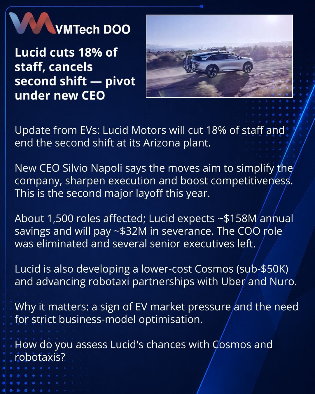 Lucid smanjuje 18% kadra i ukida drugu smenu — promena kursa pod novim CEO

Delim iz sveta električnih automobila: Lucid Motors je objavio smanjenje od 18% zaposlenih i ukidanje druge smene u fabrici u Arizoni.

Odluku je doneo novi CEO Silvio Napoli — cilj je „pojednostaviti kompaniju, poboljšati izvršenje i povećati konkurentnost“. Ovo je već druga velika runda otpuštanja ove godine.

To je ~1.500 zaposlenih; kompanija očekuje godišnji efekat oko $158M i isplatiće približno $32M otpremnina. Uk