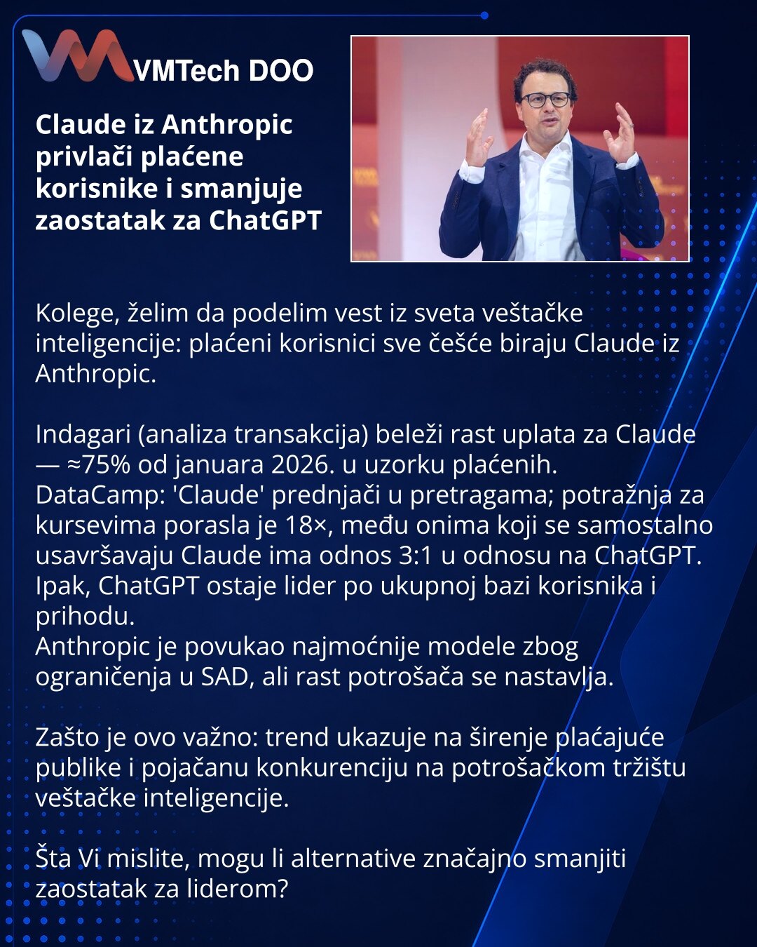 Claude iz Anthropic privlači plaćene korisnike i smanjuje zaostatak za ChatGPT

Kolege, želim da podelim vest iz sveta veštačke inteligencije: plaćeni korisnici sve češće biraju Claude iz Anthropic.

Indagari (analiza transakcija) beleži rast uplata za Claude — ≈75% od januara 2026. u uzorku plaćenih.
DataCamp: 'Claude' prednjači u pretragama; potražnja za kursevima porasla je 18×, među onima koji se samostalno usavršavaju Claude ima odnos 3:1 u odnosu na ChatGPT.
Ipak, ChatGPT ostaje lider po u