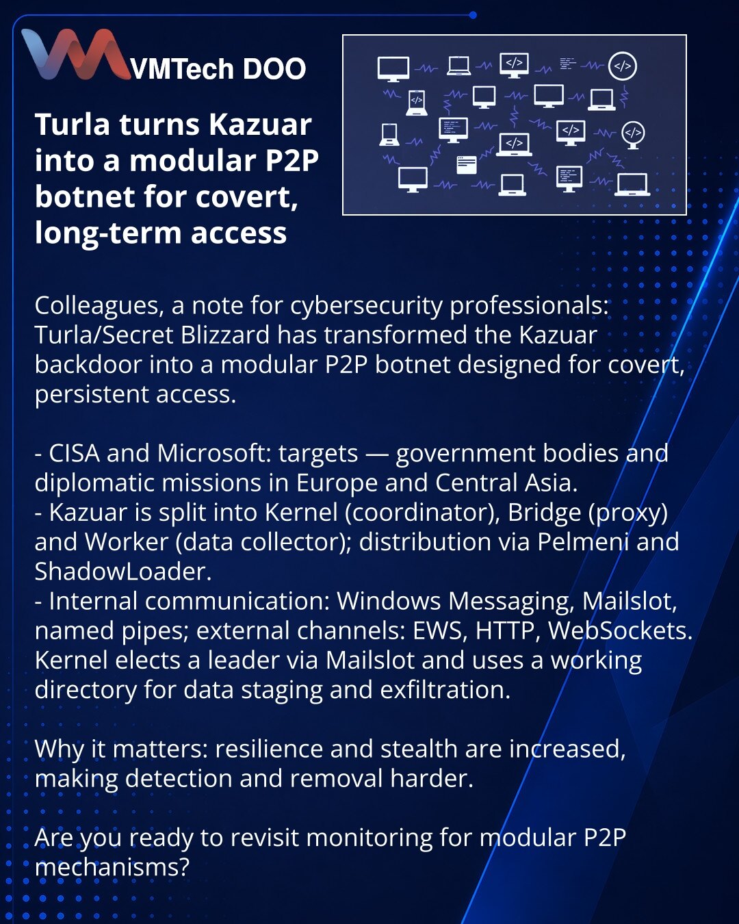 Turla pretvorila Kazuar u modularni P2P-botnet za prikriveni i dugoročni pristup

Kolege, skrećem pažnju stručnoj javnosti: Turla/Secret Blizzard transformisala je backdoor Kazuar u modularni P2P botnet za prikriveni dugoročni pristup.

- CISA i Microsoft: cilj — državne institucije i diplomatske misije u Evropi i Centralnoj Aziji.
- Kazuar: Kernel (koordinator), Bridge (proxy), Worker (prikupljanje); širenje preko Pelmeni i ShadowLoader.
- Interna komunikacija: Windows Messaging, Mailslot, name