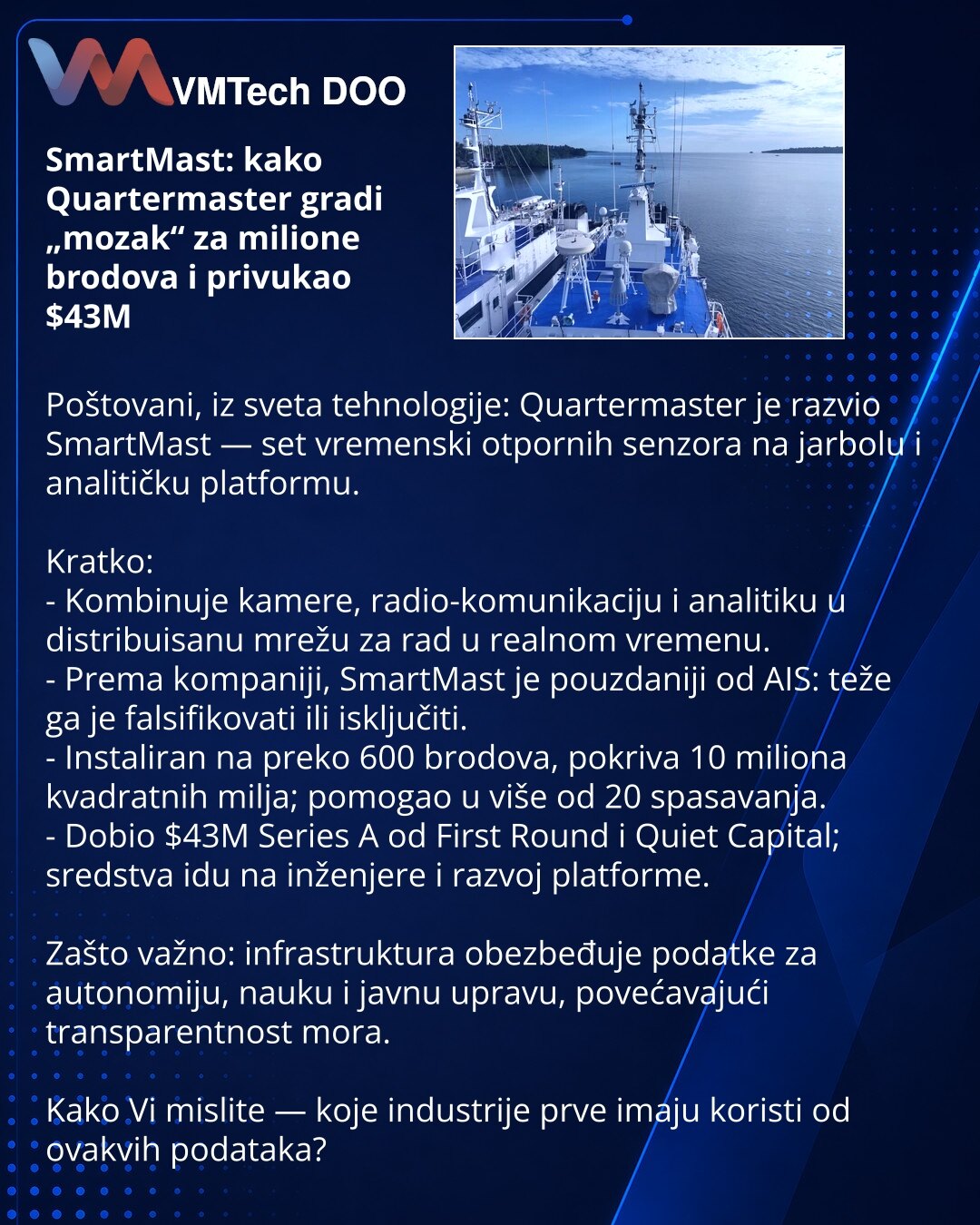 SmartMast: kako Quartermaster gradi „mozak“ za milione brodova i privukao $43M

Poštovani, iz sveta tehnologije: Quartermaster je razvio SmartMast — set vremenski otpornih senzora na jarbolu i analitičku platformu.

Kratko:
- Kombinuje kamere, radio-komunikaciju i analitiku u distribuisanu mrežu za rad u realnom vremenu.
- Prema kompaniji, SmartMast je pouzdaniji od AIS: teže ga je falsifikovati ili isključiti.
- Instaliran na preko 600 brodova, pokriva 10 miliona kvadratnih milja; pomogao u viš