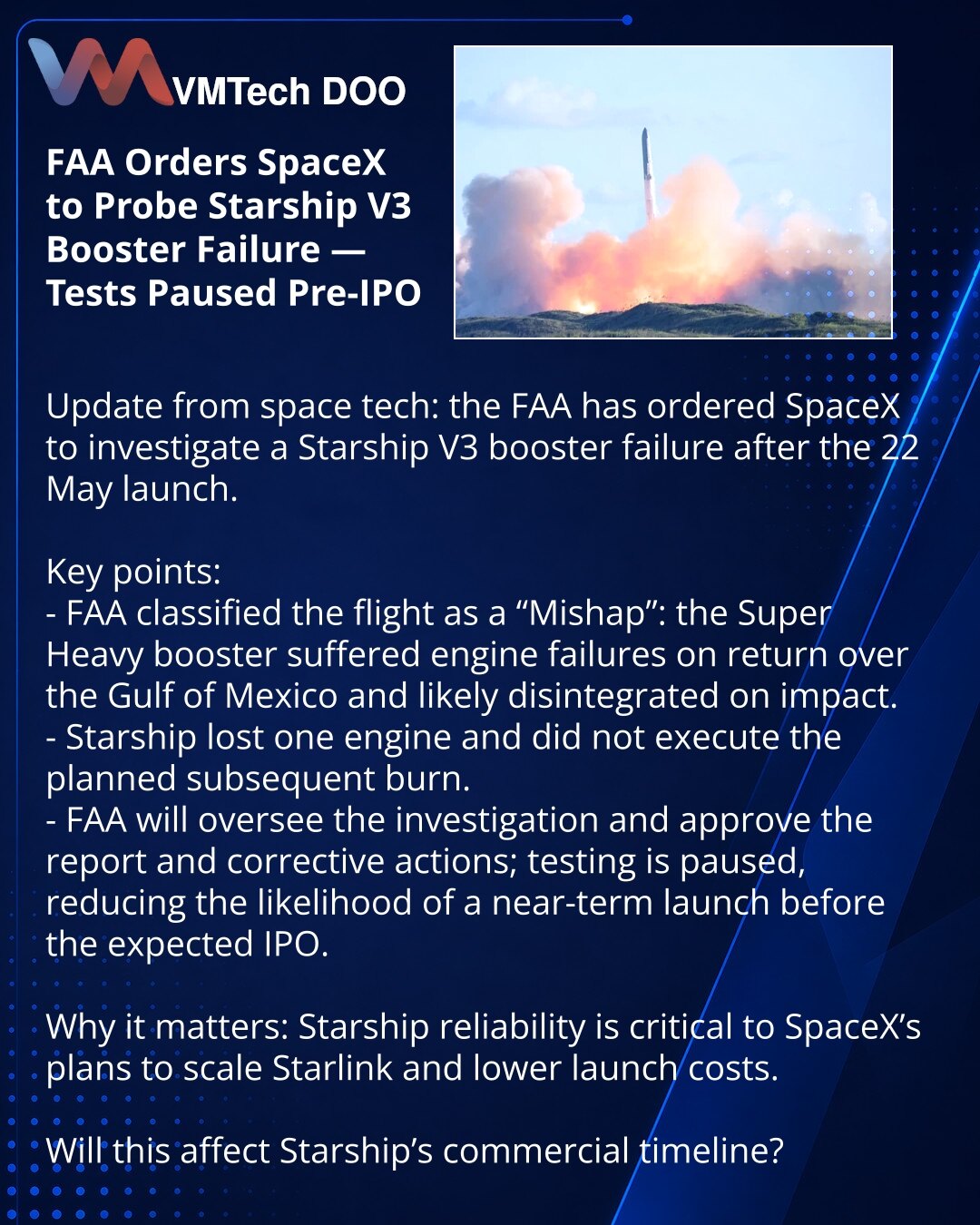 FAA traži od SpaceX-a istragu kvara pojačivača Starship V3 — testovi obustavljeni pred IPO

Dragi prijatelji, želim da podelim iz sveta svemirskih tehnologija: FAA je zahtevala od SpaceX-a istragu kvara pojačivača Starship V3 nakon lansiranja 22. maja.

Kratko:
- FAA je označila let kao Mishap: pojačivač Super Heavy je pri povratku u Meksički zaliv imao kvar motora i najverovatnije eksplodirao pri padu.
- Starship je izgubio jedan motor i nije izvršio planirani dalji potisak.
- FAA će nadzirati