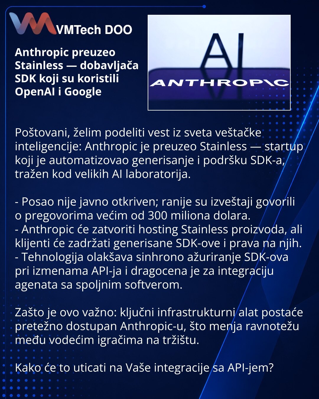 Anthropic preuzeo Stainless — dobavljača SDK koji su koristili OpenAI i Google

Poštovani, želim podeliti vest iz sveta veštačke inteligencije: Anthropic je preuzeo Stainless — startup koji je automatizovao generisanje i podršku SDK-a, tražen kod velikih AI laboratorija.

- Posao nije javno otkriven; ranije su izveštaji govorili o pregovorima većim od 300 miliona dolara.
- Anthropic će zatvoriti hosting Stainless proizvoda, ali klijenti će zadržati generisane SDK-ove i prava na njih.
- Tehnologi