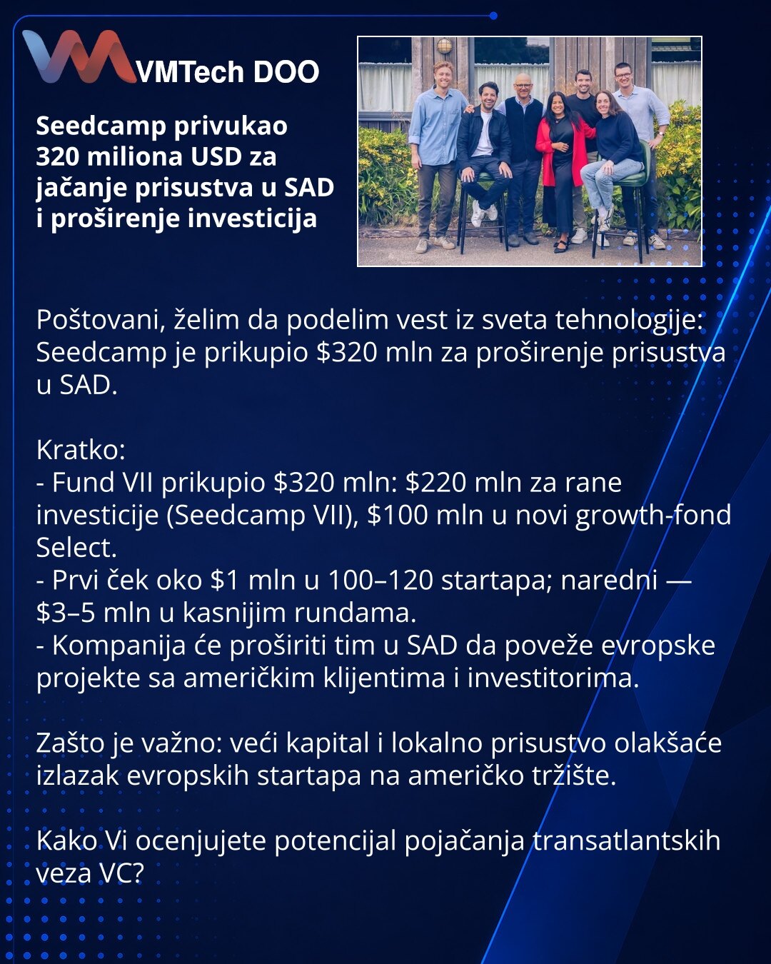 Seedcamp privukao 320 miliona USD za jačanje prisustva u SAD i proširenje investicija

Poštovani, želim da podelim vest iz sveta tehnologije: Seedcamp je prikupio $320 mln za proširenje prisustva u SAD.

Kratko:
- Fund VII prikupio $320 mln: $220 mln za rane investicije (Seedcamp VII), $100 mln u novi growth-fond Select.
- Prvi ček oko $1 mln u 100–120 startapa; naredni — $3–5 mln u kasnijim rundama.
- Kompanija će proširiti tim u SAD da poveže evropske projekte sa američkim klijentima i investi