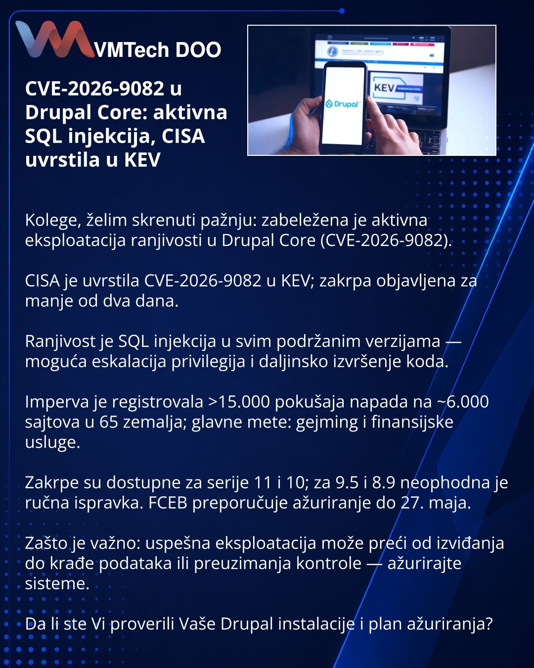 CVE-2026-9082 u Drupal Core: aktivna SQL injekcija, CISA uvrstila u KEV

Kolege, želim skrenuti pažnju: zabeležena je aktivna eksploatacija ranjivosti u Drupal Core (CVE-2026-9082).

CISA je uvrstila CVE-2026-9082 u KEV; zakrpa objavljena za manje od dva dana.

Ranjivost je SQL injekcija u svim podržanim verzijama — moguća eskalacija privilegija i daljinsko izvršenje koda.

Imperva je registrovala >15.000 pokušaja napada na ~6.000 sajtova u 65 zemalja; glavne mete: gejming i finansijske usluge.