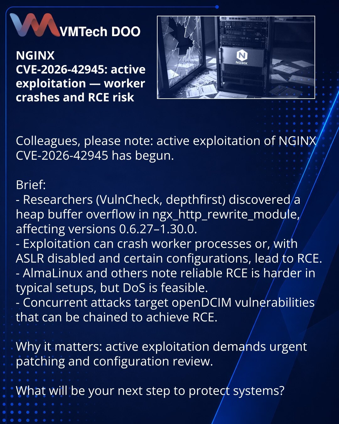 NGINX CVE-2026-42945: eksploatacija — padovi radnih procesa i rizik RCE

Kolege, želim da skrenem pažnju: u oblasti sajber bezbednosti počela je aktivna eksploatacija ranjivosti NGINX CVE-2026-42945.

Kratko:
- Istraživači (VulnCheck, depthfirst) otkrili su heap buffer overflow u ngx_http_rewrite_module; pogodjene su verzije 0.6.27–1.30.0.
- Eksploatacija može izazvati padove radnih procesa ili, pri isključenom ASLR i odgovarajućoj konfiguraciji, dovesti do RCE.
- AlmaLinux i drugi napominju da