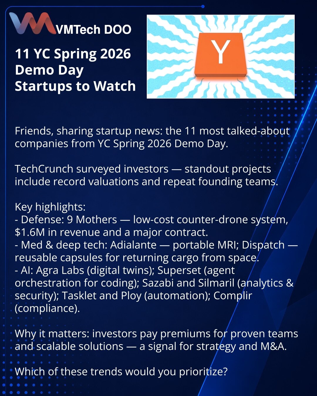 11 startapa Demo Day‑a YC Spring 2026 koje treba pratiti

Poštovani, želim podeliti vesti iz sveta startapa: 11 najzastupljenijih kompanija sa Demo Day‑a YC Spring 2026.

TechCrunch je anketirao investitore — istakli su se projekti sa rekordnim procenama i timovi ponovnih osnivača.

Ključne tačke:
- Odbrana: 9 Mothers — povoljna sistem protiv dronova, $1.6M prihoda i veliki ugovor.
- Medicina i deep tech: Adialante — mobilni MR; Dispatch — višekratne kapsule za povratak proizvoda iz svemira.
- A