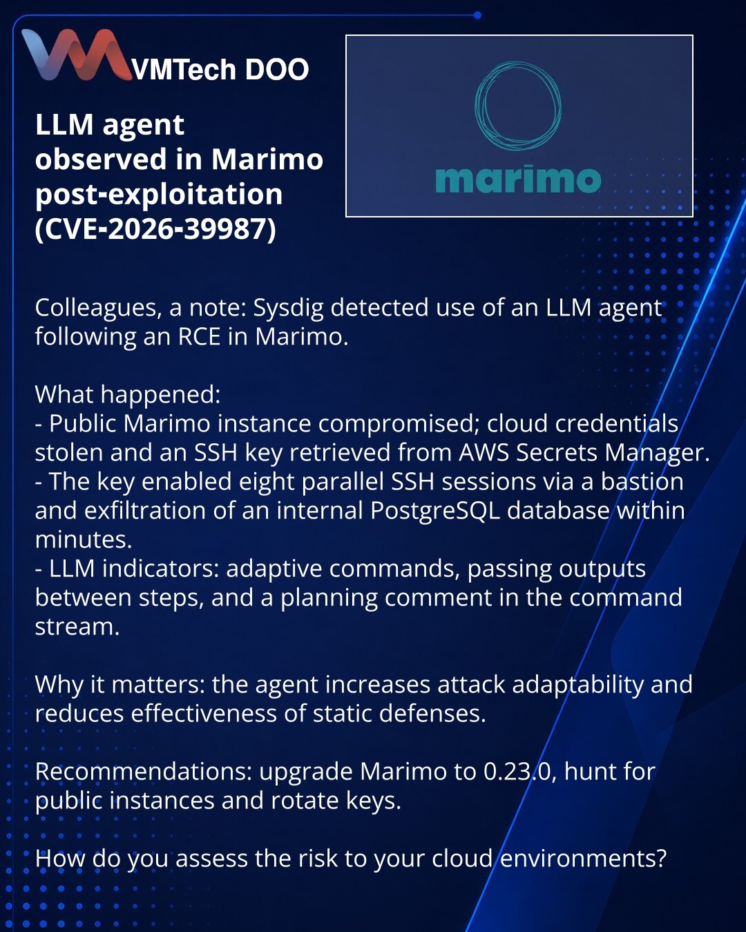 LLM-agent upotrebljen pri post-eksploataciji Marimo (CVE-2026-39987)

Kolege, želim skrenuti pažnju: u oblasti sajberbezbednosti Sysdig je zabeležio upotrebu LLM-agenta nakon RCE u Marimo.

Šta se dogodilo:
- Kompromitovan javni Marimo: ukradeni oblačni ključevi i izvučen SSH-ključ iz AWS Secrets Manager.
- Korišćenje ključa za osam paralelnih SSH-sesija kroz bastion i eksfiltracija interne PostgreSQL baze u roku od nekoliko minuta.
- Znaci LLM: adaptivne komande, prenošenje izlaza između koraka