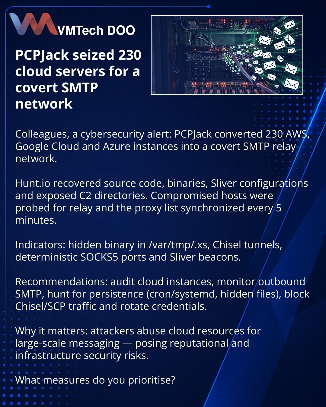 PCPJack preuzeo 230 oblačnih servera za skrivenu SMTP‑mrežu

Kolege, skrećem pažnju u kibernetičkoj bezbednosti: PCPJack je pretvorio 230 AWS, Google Cloud i Azure servera u skrivenu SMTP‑relay mrežu.

Hunt.io je otkrio izvorni kod, binarke, konfig. Sliver i otvorene direktorijume na C2. Kompromitovani hostovi testirani su kao relay; lista proxy‑ja sinhronizovala se svakih 5 min.

Znaci: skriven binar u /var/tmp/.xs, Chisel tuneli, deterministički SOCKS5 portovi i Sliver beacon‑i.

Preporuke: au