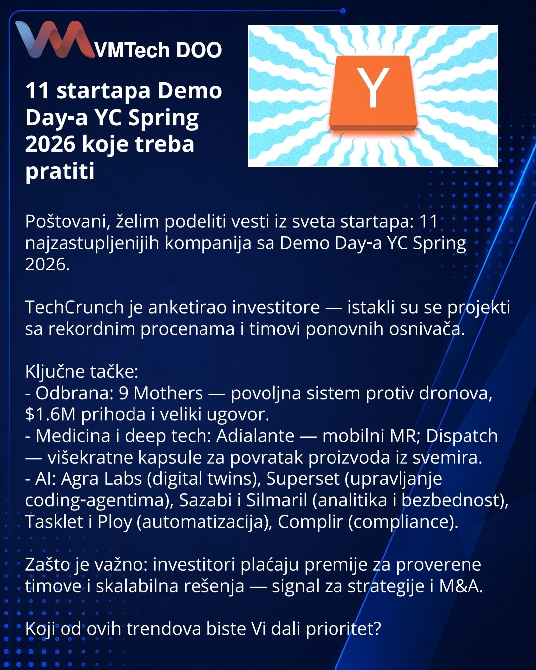 11 startapa Demo Day‑a YC Spring 2026 koje treba pratiti

Poštovani, želim podeliti vesti iz sveta startapa: 11 najzastupljenijih kompanija sa Demo Day‑a YC Spring 2026.

TechCrunch je anketirao investitore — istakli su se projekti sa rekordnim procenama i timovi ponovnih osnivača.

Ključne tačke:
- Odbrana: 9 Mothers — povoljna sistem protiv dronova, $1.6M prihoda i veliki ugovor.
- Medicina i deep tech: Adialante — mobilni MR; Dispatch — višekratne kapsule za povratak proizvoda iz svemira.
- A