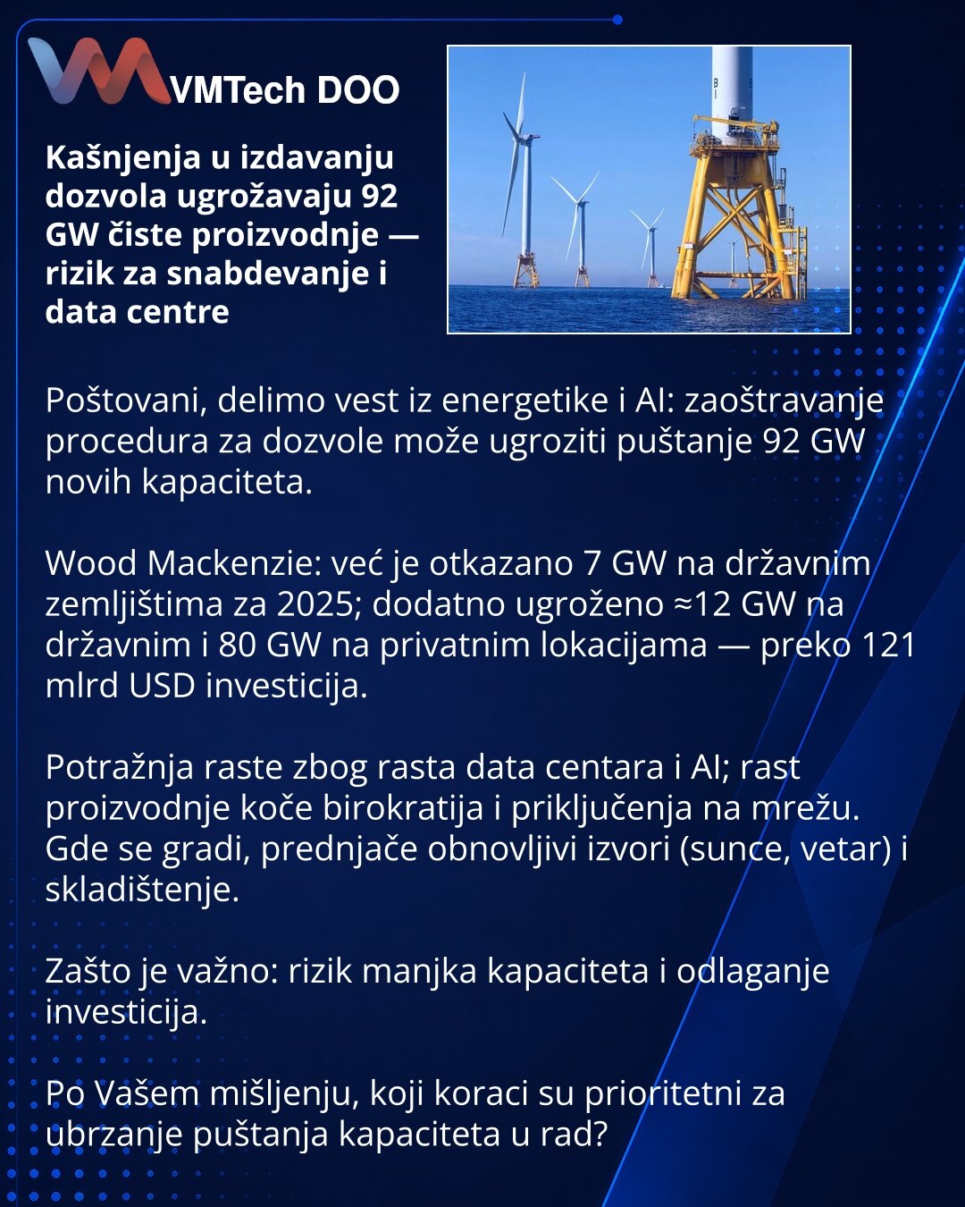 Kašnjenja u izdavanju dozvola ugrožavaju 92 GW čiste proizvodnje — rizik za snabdevanje i data centre

Poštovani, delimo vest iz energetike i AI: zaoštravanje procedura za dozvole može ugroziti puštanje 92 GW novih kapaciteta.

Wood Mackenzie: već je otkazano 7 GW na državnim zemljištima za 2025; dodatno ugroženo ≈12 GW na državnim i 80 GW na privatnim lokacijama — preko 121 mlrd USD investicija.

Potražnja raste zbog rasta data centara i AI; rast proizvodnje koče birokratija i priključenja na m