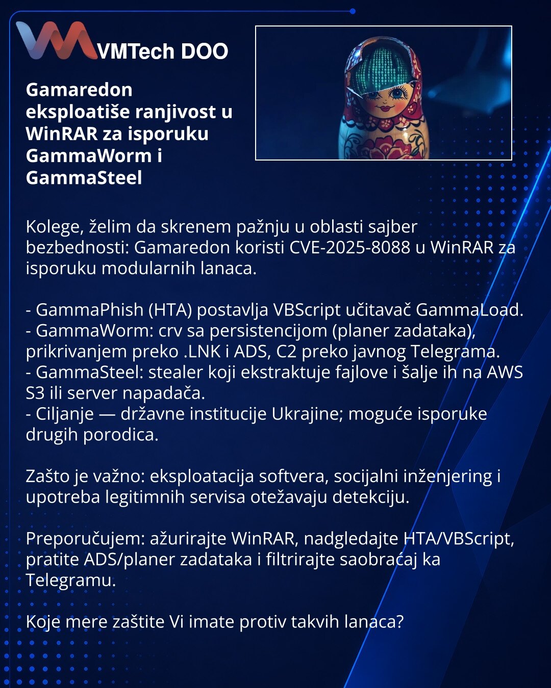 Gamaredon eksploatiše ranjivost u WinRAR za isporuku GammaWorm i GammaSteel

Kolege, želim da skrenem pažnju u oblasti sajber bezbednosti: Gamaredon koristi CVE-2025-8088 u WinRAR za isporuku modularnih lanaca.

- GammaPhish (HTA) postavlja VBScript učitavač GammaLoad.
- GammaWorm: crv sa persistencijom (planer zadataka), prikrivanjem preko .LNK i ADS, C2 preko javnog Telegrama.
- GammaSteel: stealer koji ekstraktuje fajlove i šalje ih na AWS S3 ili server napadača.
- Ciljanje — državne instituc