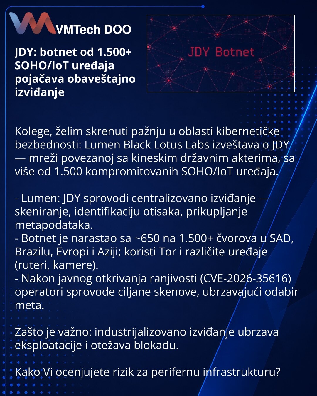 JDY: botnet od 1.500+ SOHO/IoT uređaja pojačava obaveštajno izviđanje

Kolege, želim skrenuti pažnju u oblasti kibernetičke bezbednosti: Lumen Black Lotus Labs izveštava o JDY — mreži povezanoj sa kineskim državnim akterima, sa više od 1.500 kompromitovanih SOHO/IoT uređaja.

- Lumen: JDY sprovodi centralizovano izviđanje — skeniranje, identifikaciju otisaka, prikupljanje metapodataka.
- Botnet je narastao sa ~650 na 1.500+ čvorova u SAD, Brazilu, Evropi i Aziji; koristi Tor i različite uređaje