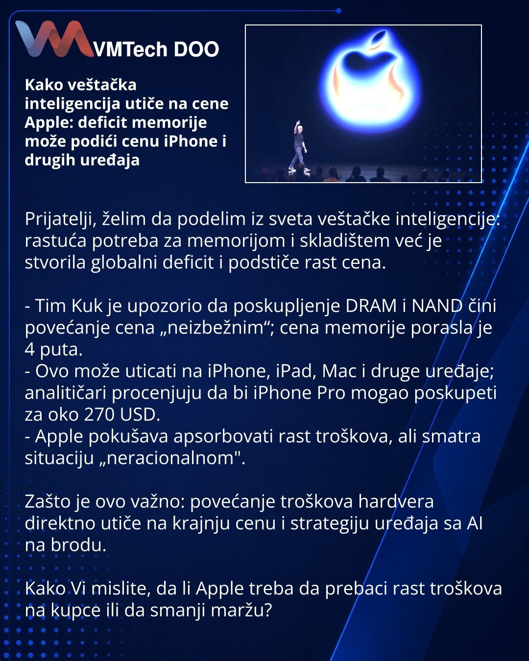 Kako veštačka inteligencija utiče na cene Apple: deficit memorije može podići cenu iPhone i drugih uređaja

Prijatelji, želim da podelim iz sveta veštačke inteligencije: rastuća potreba za memorijom i skladištem već je stvorila globalni deficit i podstiče rast cena.

- Tim Kuk je upozorio da poskupljenje DRAM i NAND čini povećanje cena „neizbežnim“; cena memorije porasla je 4 puta.
- Ovo može uticati na iPhone, iPad, Mac i druge uređaje; analitičari procenjuju da bi iPhone Pro mogao poskupeti za