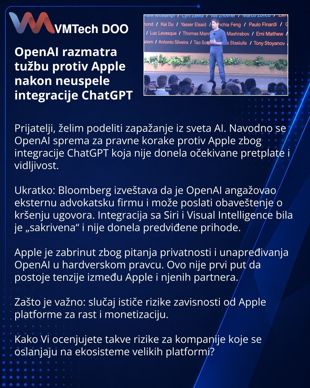 OpenAI razmatra tužbu protiv Apple nakon neuspele integracije ChatGPT

Prijatelji, želim podeliti zapažanje iz sveta AI. Navodno se OpenAI sprema za pravne korake protiv Apple zbog integracije ChatGPT koja nije donela očekivane pretplate i vidljivost.

Ukratko: Bloomberg izveštava da je OpenAI angažovao eksternu advokatsku firmu i može poslati obaveštenje o kršenju ugovora. Integracija sa Siri i Visual Intelligence bila je „sakrivena“ i nije donela predviđene prihode.

Apple je zabrinut zbog pit