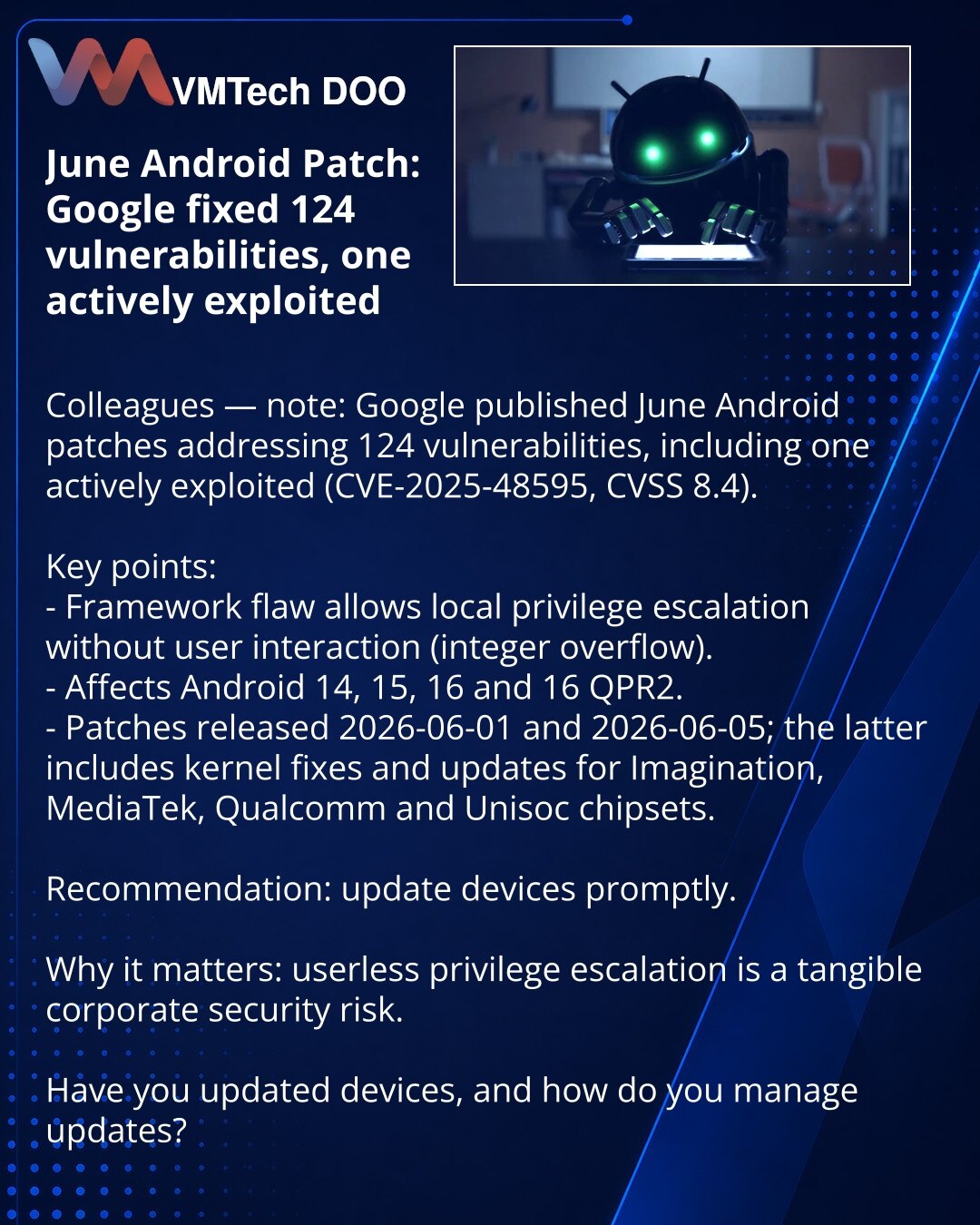 Junijski Android peč: Google je otklonio 124 ranjivosti, jedna u aktivnoj eksploataciji

Poštovani, želim da skrenem pažnju: u domenu sajber bezbednosti Google je objavio junske Android pečeve — zatvoreno je 124 ranjivosti, od kojih je jedna (CVE-2025-48595, CVSS 8.4) u aktivnoj eksploataciji.

Šta je važno:
- Ranjivost u Framework-u omogućava lokalno povećanje privilegija bez interakcije korisnika (integer overflow).
- Pogađa Android 14, 15, 16 i 16 QPR2.
- Pečevi su objavljeni 2026-06-01 i 202