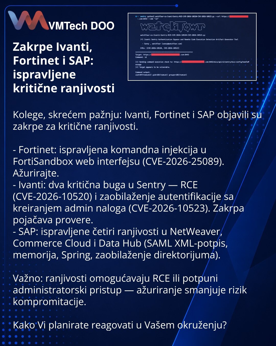 Zakrpe Ivanti, Fortinet i SAP: ispravljene kritične ranjivosti

Kolege, skrećem pažnju: Ivanti, Fortinet i SAP objavili su zakrpe za kritične ranjivosti.

- Fortinet: ispravljena komandna injekcija u FortiSandbox web interfejsu (CVE-2026-25089). Ažurirajte.
- Ivanti: dva kritična buga u Sentry — RCE (CVE-2026-10520) i zaobilaženje autentifikacije sa kreiranjem admin naloga (CVE-2026-10523). Zakrpa pojačava provere.
- SAP: ispravljene četiri ranjivosti u NetWeaver, Commerce Cloud i Data Hub (SAML