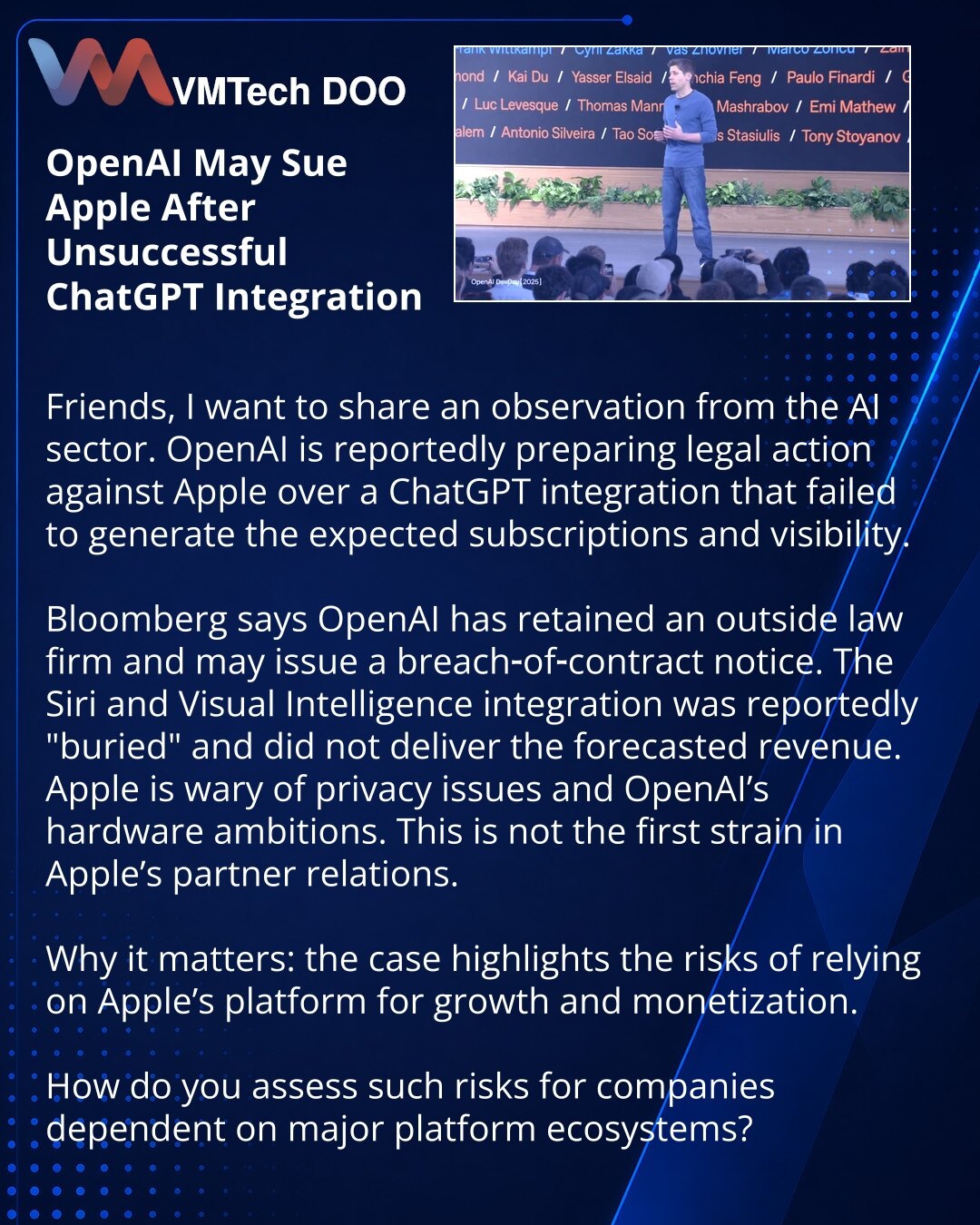 OpenAI razmatra tužbu protiv Apple nakon neuspele integracije ChatGPT

Prijatelji, želim podeliti zapažanje iz sveta AI. Navodno se OpenAI sprema za pravne korake protiv Apple zbog integracije ChatGPT koja nije donela očekivane pretplate i vidljivost.

Ukratko: Bloomberg izveštava da je OpenAI angažovao eksternu advokatsku firmu i može poslati obaveštenje o kršenju ugovora. Integracija sa Siri i Visual Intelligence bila je „sakrivena“ i nije donela predviđene prihode.

Apple je zabrinut zbog pit