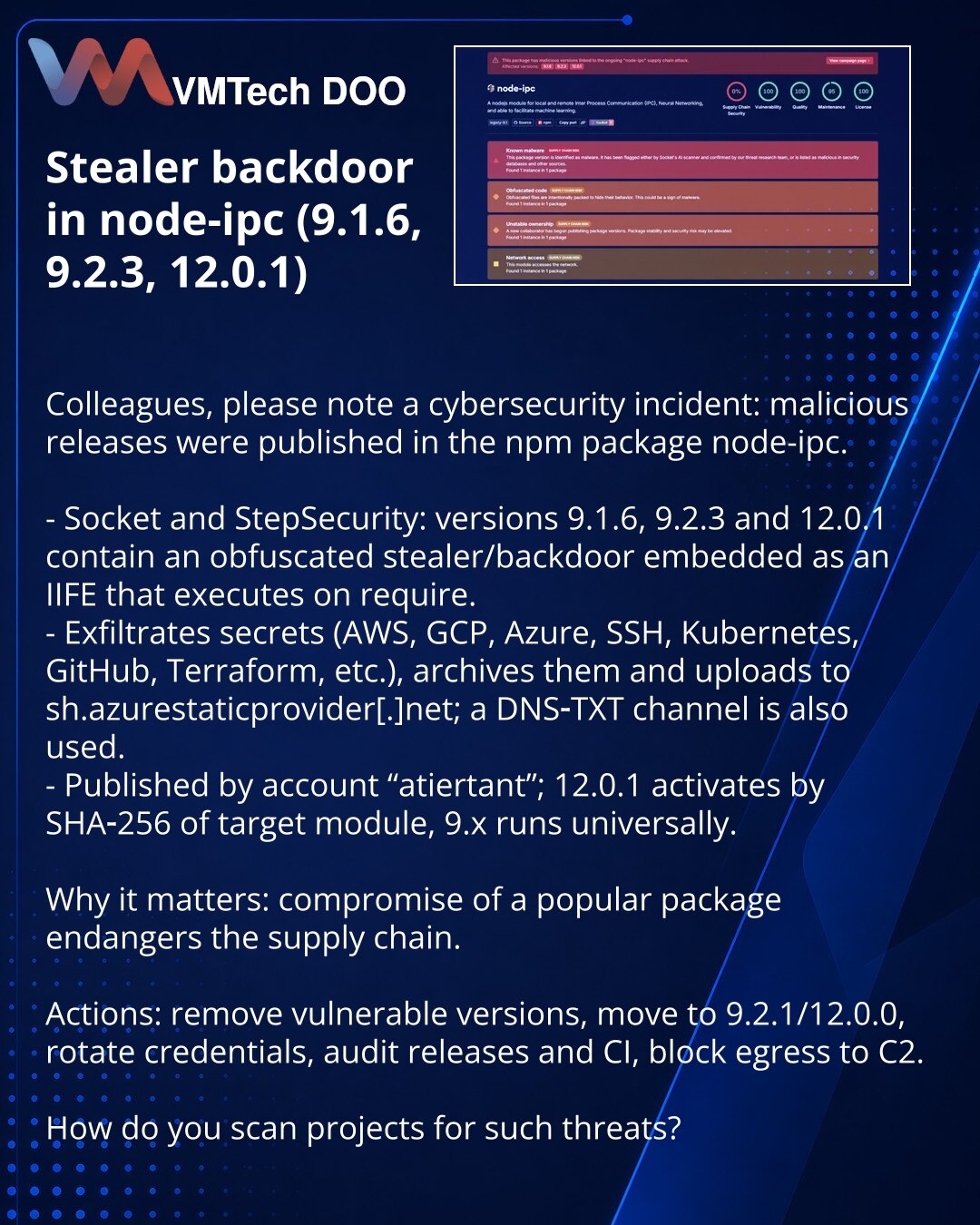 Stealer-bekdor u node-ipc (9.1.6, 9.2.3, 12.0.1)

Kolege, skrećem pažnju na incident u oblasti kibernetičke bezbednosti: u npm paketu node‑ipc pojavljeni su zlonamerni releasi.

- Socket i StepSecurity: verzije 9.1.6, 9.2.3 i 12.0.1 sadrže obfuskovani stealer/bekdor u IIFE koji se pokreće pri require.
- Sakuplja tajne (AWS, GCP, Azure, SSH, Kubernetes, GitHub, Terraform i dr.), arhivira i šalje na sh.azurestaticprovider[.]net; postoji i kanal preko DNS‑TXT.
- Objavljeno sa naloga „atiertant“; 12