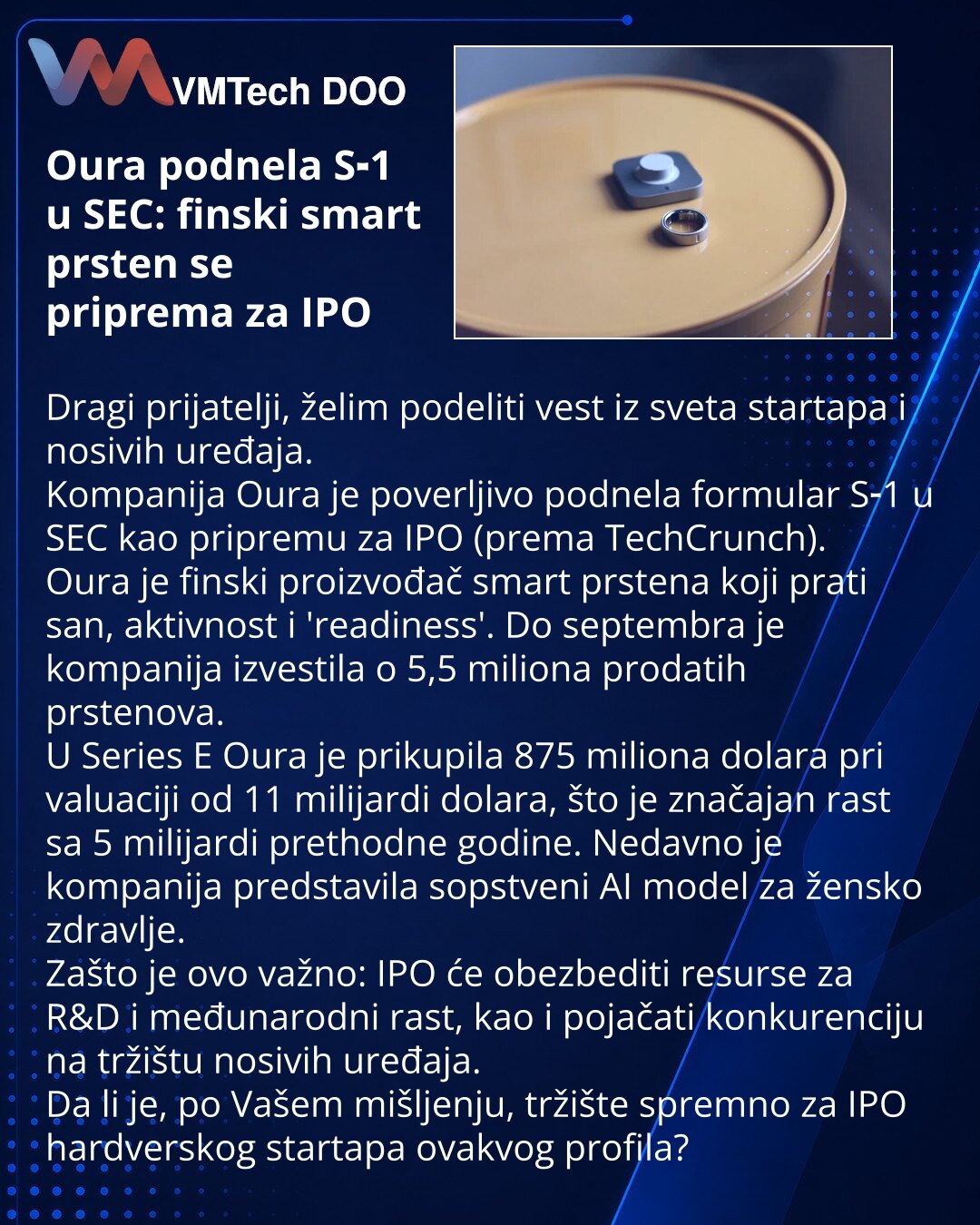 Oura podnela S‑1 u SEC: finski smart prsten se priprema za IPO

Dragi prijatelji, želim podeliti vest iz sveta startapa i nosivih uređaja.
Kompanija Oura je poverljivo podnela formular S‑1 u SEC kao pripremu za IPO (prema TechCrunch).
Oura je finski proizvođač smart prstena koji prati san, aktivnost i 'readiness'. Do septembra je kompanija izvestila o 5,5 miliona prodatih prstenova.
U Series E Oura je prikupila 875 miliona dolara pri valuaciji od 11 milijardi dolara, što je značajan rast sa 5 mi