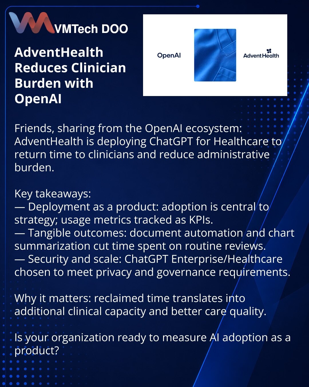 AdventHealth smanjuje opterećenje lekara uz pomoć OpenAI

Dragi prijatelji, želim da podelim iz ekosistema OpenAI: AdventHealth uvodi ChatGPT for Healthcare da vrati vreme kliničarima i smanji administrativne obaveze.

Zabeležio sam ključne tačke:
— Implementacija kao proizvod: usvajanje je u centru strategije, metrike korišćenja prate se kao KPI.
— Konkrektni rezultati: automatizacija dokumenata i sumiranje istorije bolesti skraćuju vreme za rutinske preglede.
— Bezbednost i skalabilnost: izabr