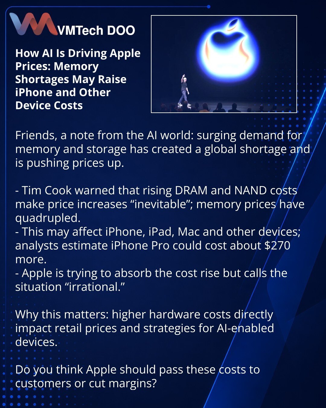 Kako veštačka inteligencija utiče na cene Apple: deficit memorije može podići cenu iPhone i drugih uređaja

Prijatelji, želim da podelim iz sveta veštačke inteligencije: rastuća potreba za memorijom i skladištem već je stvorila globalni deficit i podstiče rast cena.

- Tim Kuk je upozorio da poskupljenje DRAM i NAND čini povećanje cena „neizbežnim“; cena memorije porasla je 4 puta.
- Ovo može uticati na iPhone, iPad, Mac i druge uređaje; analitičari procenjuju da bi iPhone Pro mogao poskupeti za