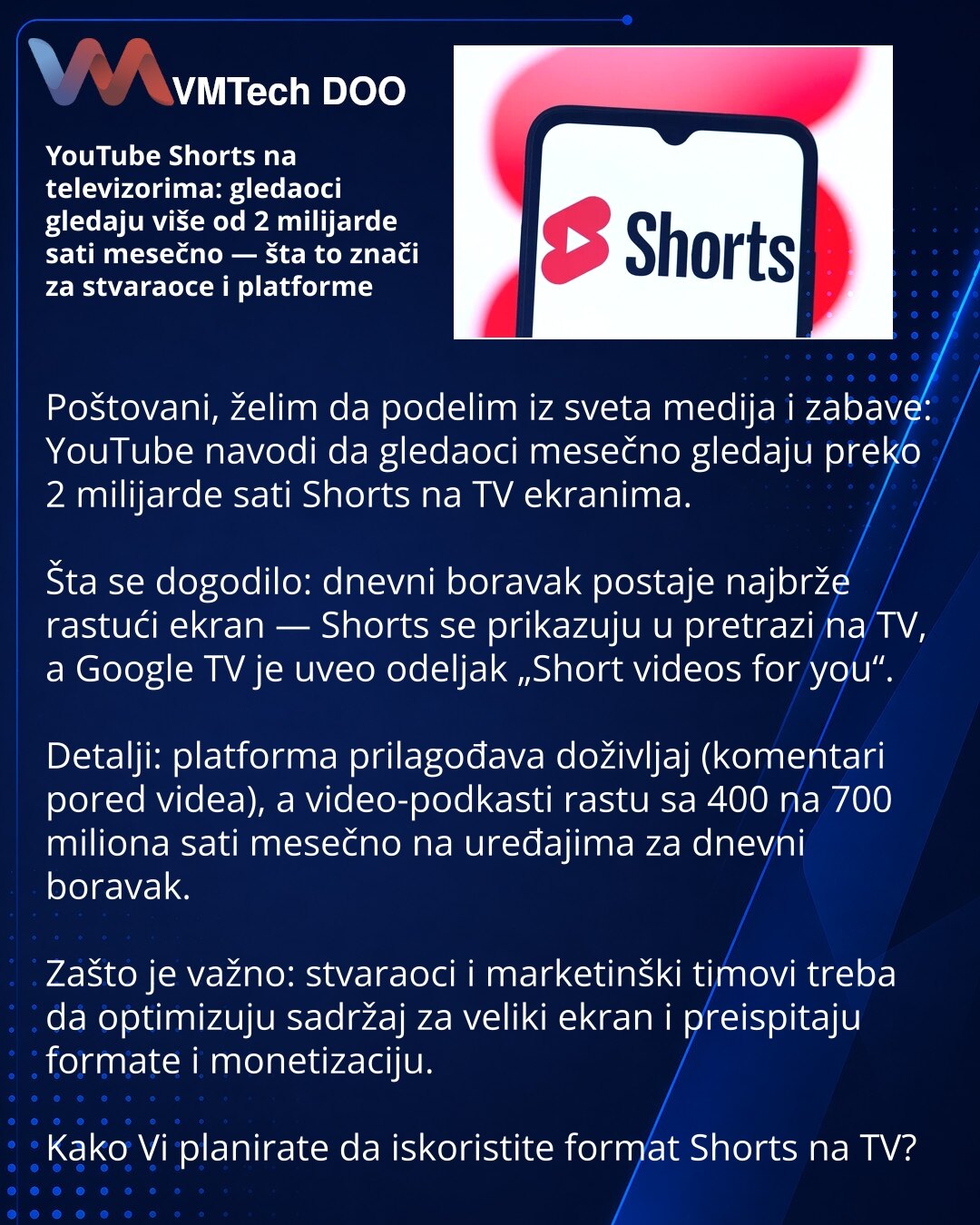 YouTube Shorts na televizorima: gledaoci gledaju više od 2 milijarde sati mesečno — šta to znači za stvaraoce i platforme

Poštovani, želim da podelim iz sveta medija i zabave: YouTube navodi da gledaoci mesečno gledaju preko 2 milijarde sati Shorts na TV ekranima.

Šta se dogodilo: dnevni boravak postaje najbrže rastući ekran — Shorts se prikazuju u pretrazi na TV, a Google TV je uveo odeljak „Short videos for you“.

Detalji: platforma prilagođava doživljaj (komentari pored videa), a video-podk