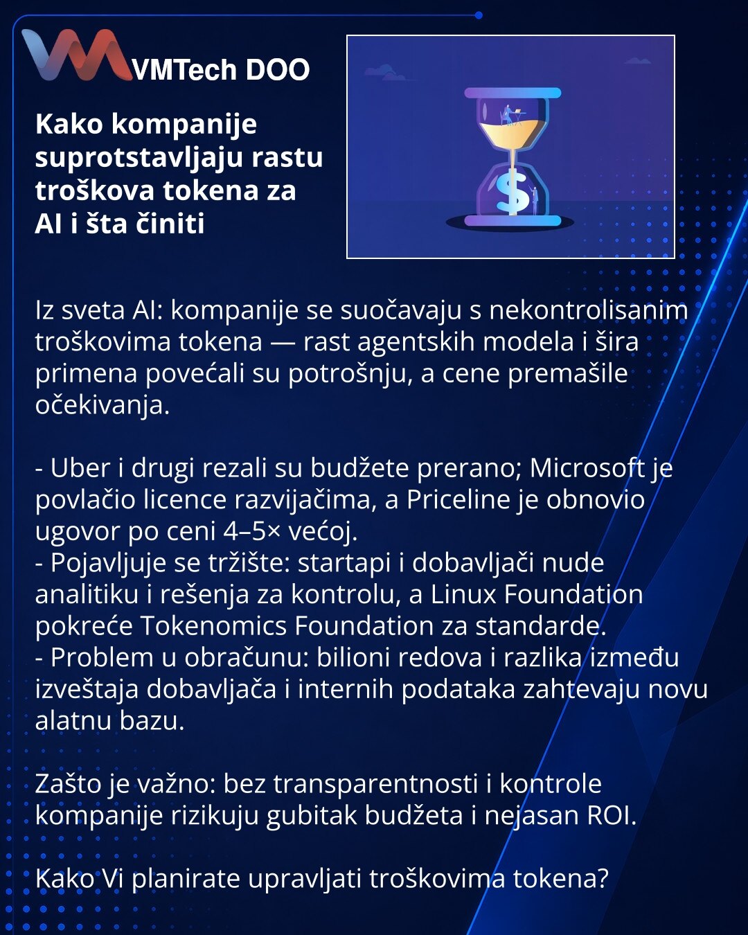 Kako kompanije suprotstavljaju rastu troškova tokena za AI i šta činiti

Iz sveta AI: kompanije se suočavaju s nekontrolisanim troškovima tokena — rast agentskih modela i šira primena povećali su potrošnju, a cene premašile očekivanja.

- Uber i drugi rezali su budžete prerano; Microsoft je povlačio licence razvijačima, a Priceline je obnovio ugovor po ceni 4–5× većoj.
- Pojavljuje se tržište: startapi i dobavljači nude analitiku i rešenja za kontrolu, a Linux Foundation pokreće Tokenomics Found