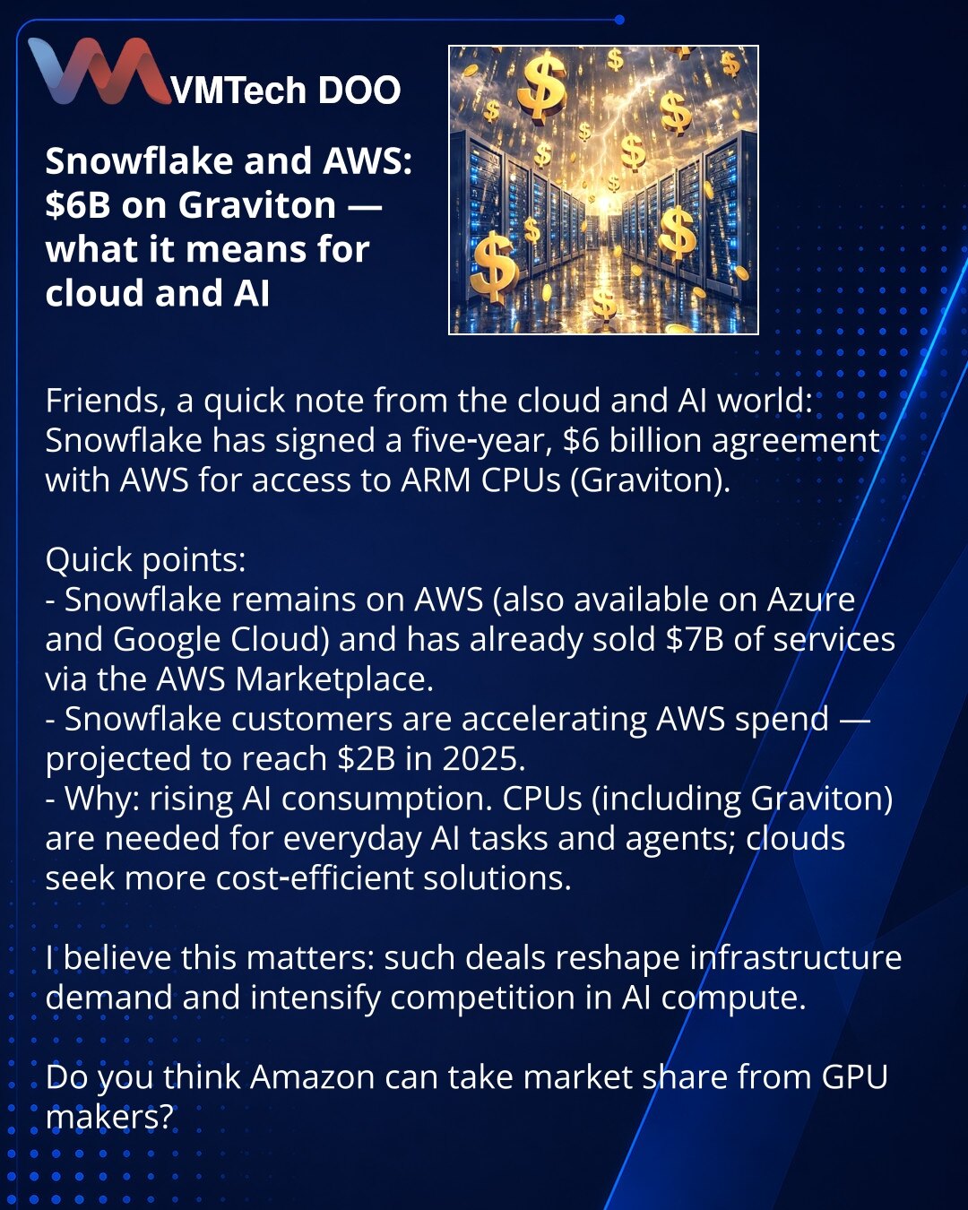 Snowflake i AWS: $6 mlrd za Graviton — šta to znači za oblake i AI

Poštovani, želim da podelim vest iz sveta cloud tehnologija i AI: Snowflake je potpisao petogodišnji ugovor sa AWS vredan 6 mlrd USD za pristup ARM‑CPU Graviton.

Ukratko:
- Snowflake ostaje na AWS (takođe dostupan na Azure i Google Cloud) i preko AWS Marketplace prodao je usluge vredne 7 mlrd USD.
- Klijenti Snowflake ubrzavaju potrošnju na AWS — za 2025. očekuje se da će njihova potrošnja biti oko 2 mlrd USD.
- Razlog je rast