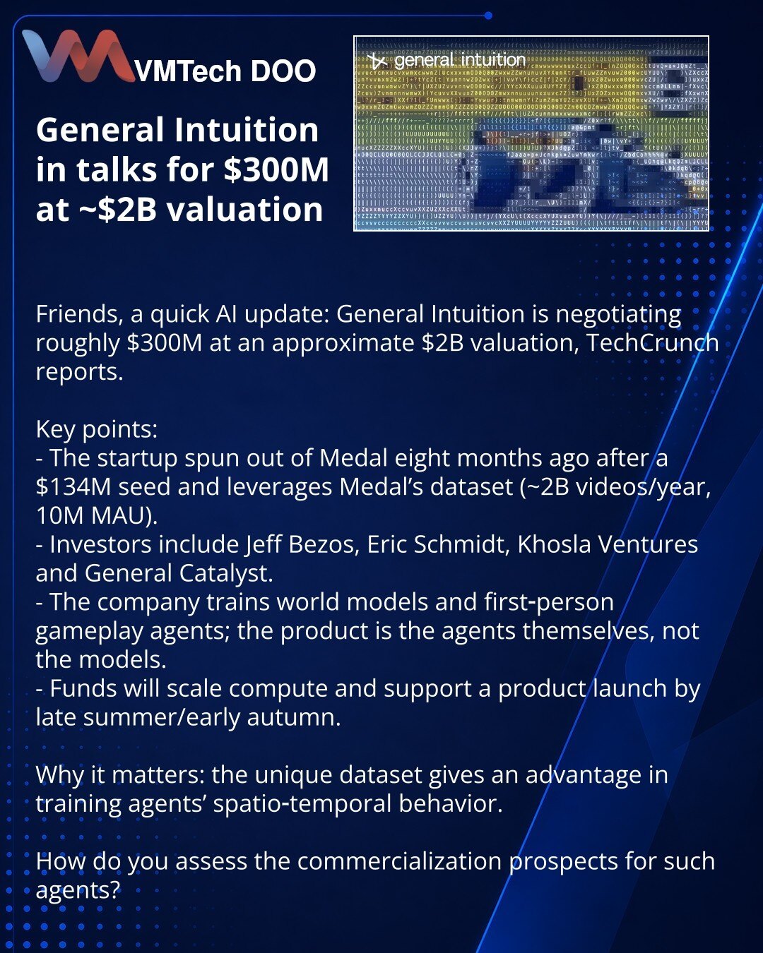General Intuition pregovara o ≈ $300M pri proceni ≈ $2B

Poštovani, želim da podelim iz sveta AI: General Intuition pregovara o privlačenju ≈ $300M pri proceni ≈ $2B, piše TechCrunch.

Ključne tačke:
- Startap, izdvojen iz Medal pre 8 meseci nakon seed runde od $134M, koristi Medal dataset (~2 mlrd video/god, 10M MAU).
- Među investitorima su Jeff Bezos, Eric Schmidt, Khosla Ventures i General Catalyst.
- Kompanija trenira world models i agente iz perspektive prvog lica na gejming videima; proiz