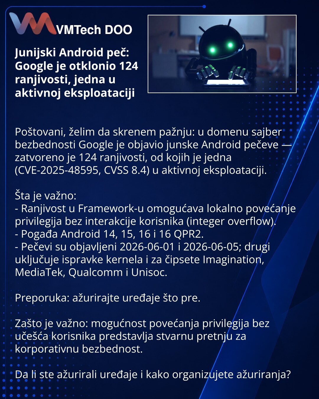 Junijski Android peč: Google je otklonio 124 ranjivosti, jedna u aktivnoj eksploataciji

Poštovani, želim da skrenem pažnju: u domenu sajber bezbednosti Google je objavio junske Android pečeve — zatvoreno je 124 ranjivosti, od kojih je jedna (CVE-2025-48595, CVSS 8.4) u aktivnoj eksploataciji.

Šta je važno:
- Ranjivost u Framework-u omogućava lokalno povećanje privilegija bez interakcije korisnika (integer overflow).
- Pogađa Android 14, 15, 16 i 16 QPR2.
- Pečevi su objavljeni 2026-06-01 i 202