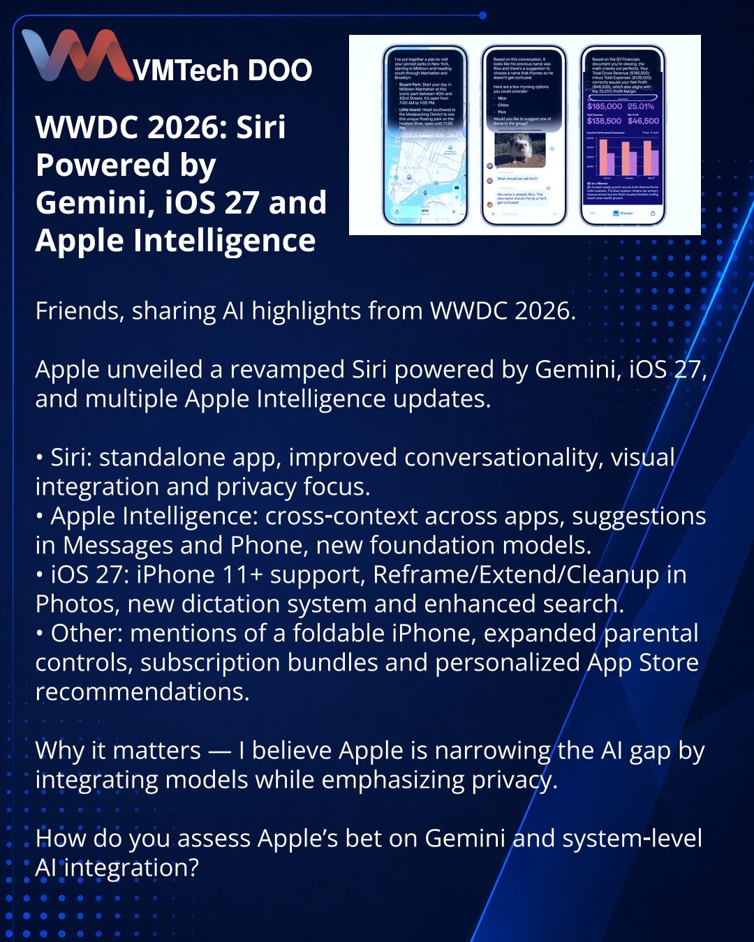 WWDC 2026: Siri na bazi Gemini, iOS 27 i Apple Intelligence

Deliću ključne zaključke sa WWDC 2026.

Apple je predstavio Siri na bazi Gemini, iOS 27 i unapređenja Apple Intelligence.

• Siri: zasebna aplikacija, bolja dijalog‑interakcija, vizuelna integracija i fokus na privatnost.
• Apple Intelligence: kontekst između aplikacija, sugestije u Messages i Phone, nove foundation modele.
• iOS 27: podrška za iPhone 11+, Reframe/Extend/Cleanup u Photos, novi diktat sistem i bolje pretraživanje.
• Ost
