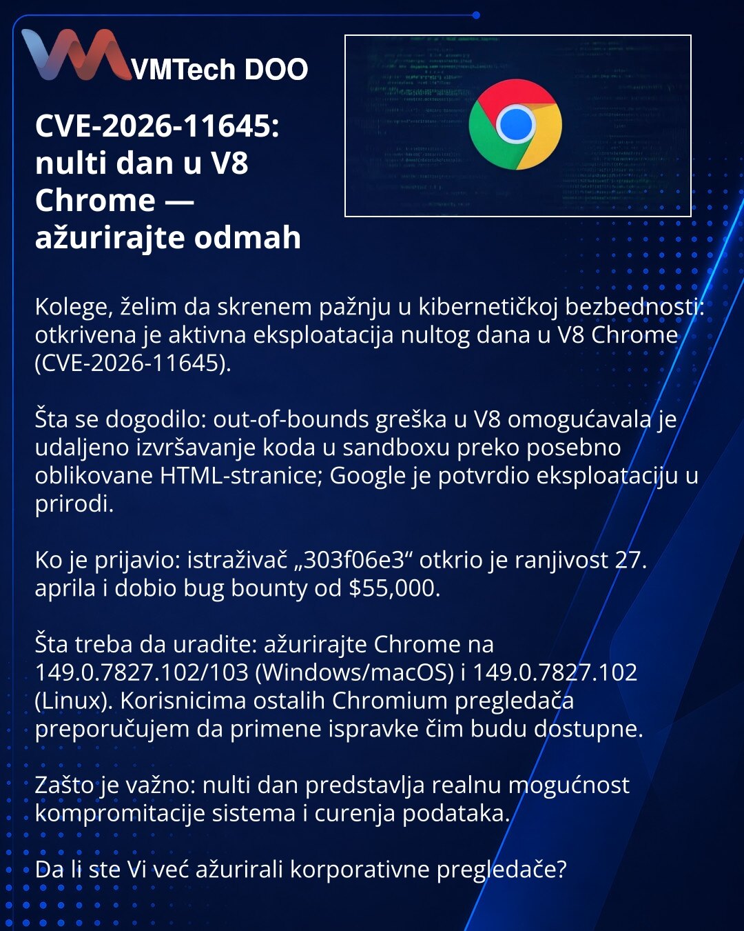 CVE-2026-11645: nulti dan u V8 Chrome — ažurirajte odmah

Kolege, želim da skrenem pažnju u kibernetičkoj bezbednosti: otkrivena je aktivna eksploatacija nultog dana u V8 Chrome (CVE-2026-11645).

Šta se dogodilo: out-of-bounds greška u V8 omogućavala je udaljeno izvršavanje koda u sandboxu preko posebno oblikovane HTML-stranice; Google je potvrdio eksploataciju u prirodi.

Ko je prijavio: istraživač „303f06e3“ otkrio je ranjivost 27. aprila i dobio bug bounty od $55,000.

Šta treba da uradite: