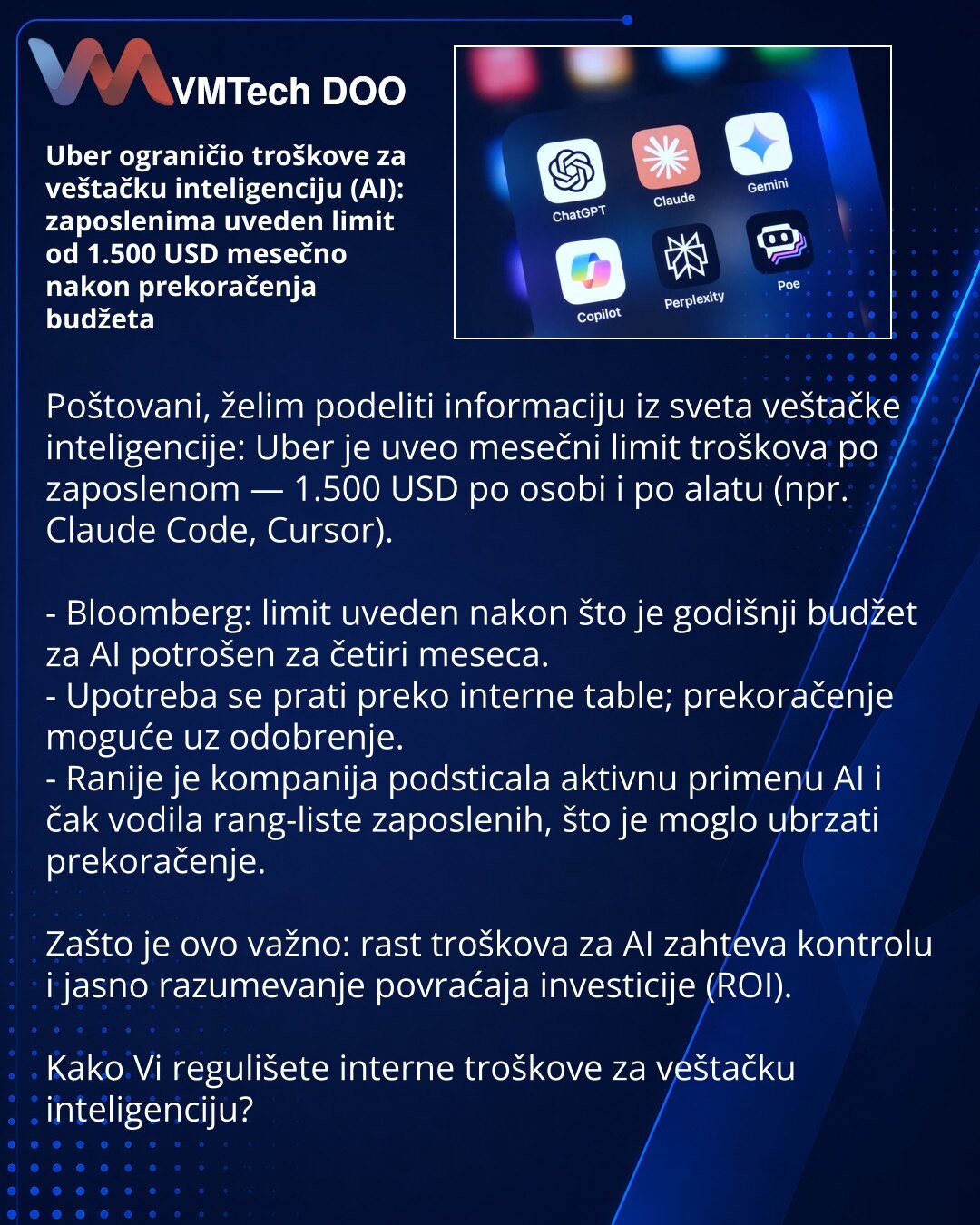 Uber ograničio troškove za veštačku inteligenciju (AI): zaposlenima uveden limit od 1.500 USD mesečno nakon prekoračenja budžeta

Poštovani, želim podeliti informaciju iz sveta veštačke inteligencije: Uber je uveo mesečni limit troškova po zaposlenom — 1.500 USD po osobi i po alatu (npr. Claude Code, Cursor).

- Bloomberg: limit uveden nakon što je godišnji budžet za AI potrošen za četiri meseca.
- Upotreba se prati preko interne table; prekoračenje moguće uz odobrenje.
- Ranije je kompanija pod