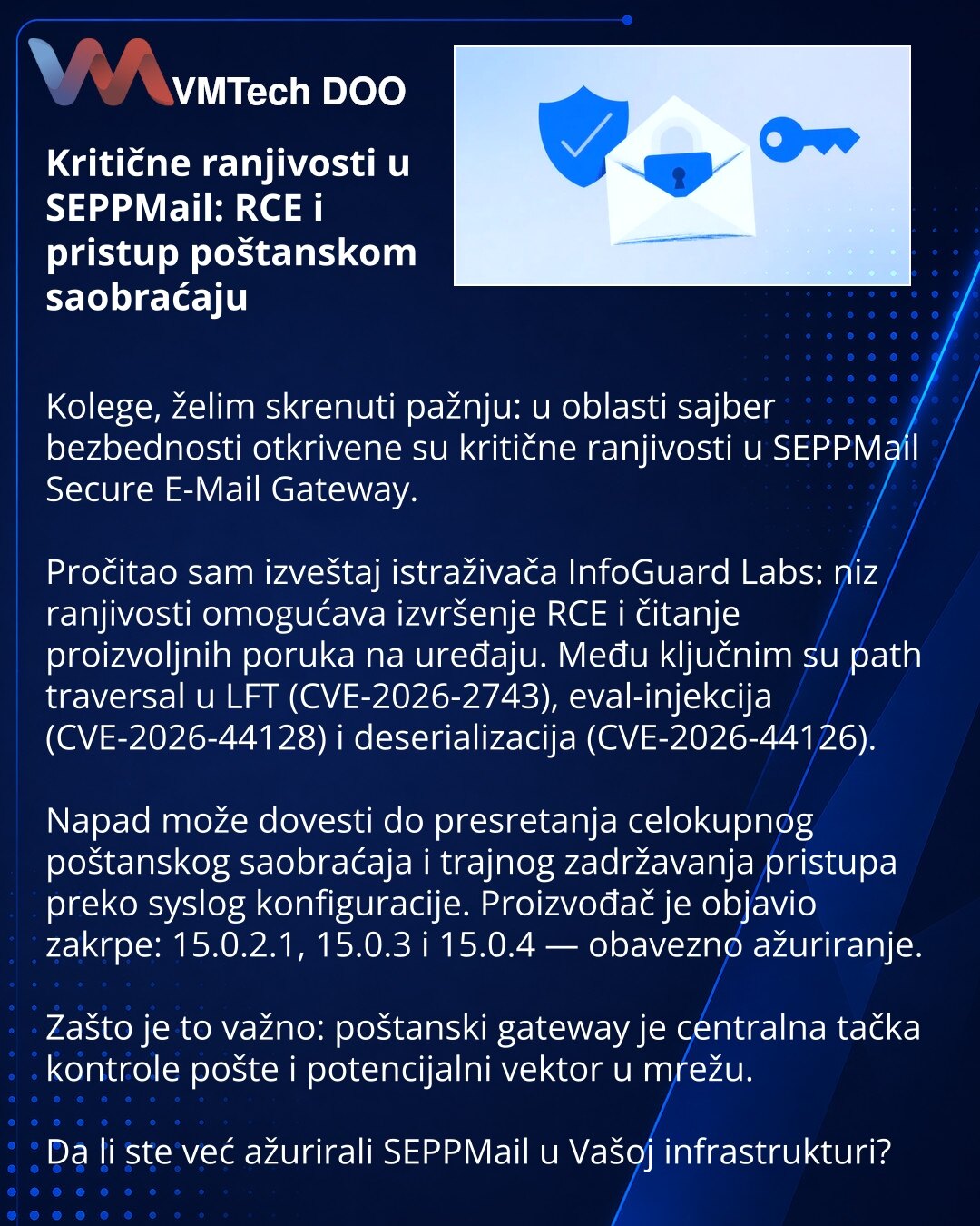 Kritične ranjivosti u SEPPMail: RCE i pristup poštanskom saobraćaju

Kolege, želim skrenuti pažnju: u oblasti sajber bezbednosti otkrivene su kritične ranjivosti u SEPPMail Secure E-Mail Gateway.

Pročitao sam izveštaj istraživača InfoGuard Labs: niz ranjivosti omogućava izvršenje RCE i čitanje proizvoljnih poruka na uređaju. Među ključnim su path traversal u LFT (CVE-2026-2743), eval-injekcija (CVE-2026-44128) i deserializacija (CVE-2026-44126).

Napad može dovesti do presretanja celokupnog poš