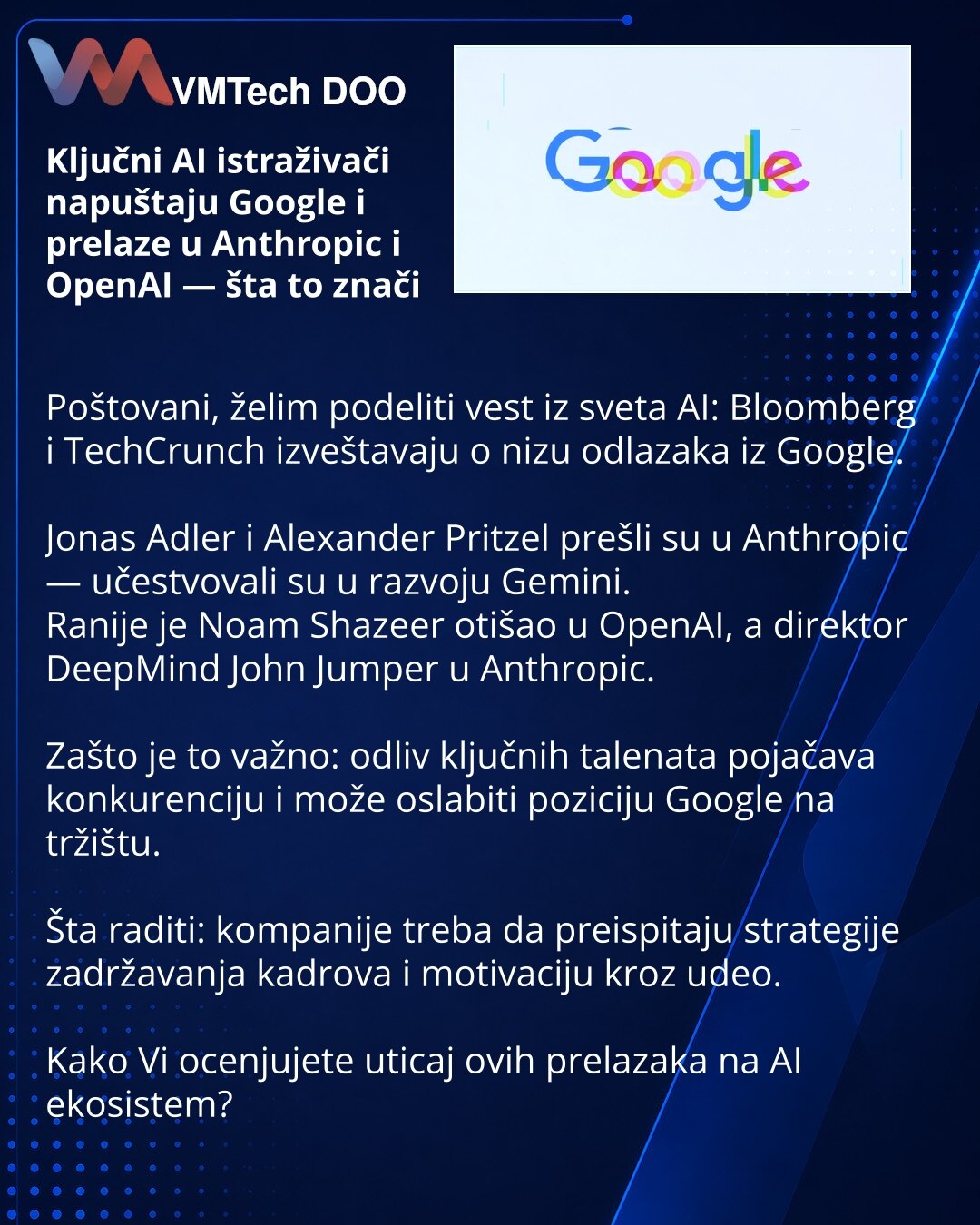 Ključni AI istraživači napuštaju Google i prelaze u Anthropic i OpenAI — šta to znači

Poštovani, želim podeliti vest iz sveta AI: Bloomberg i TechCrunch izveštavaju o nizu odlazaka iz Google.

Jonas Adler i Alexander Pritzel prešli su u Anthropic — učestvovali su u razvoju Gemini.
Ranije je Noam Shazeer otišao u OpenAI, a direktor DeepMind John Jumper u Anthropic.

Zašto je to važno: odliv ključnih talenata pojačava konkurenciju i može oslabiti poziciju Google na tržištu.

Šta raditi: kompanije