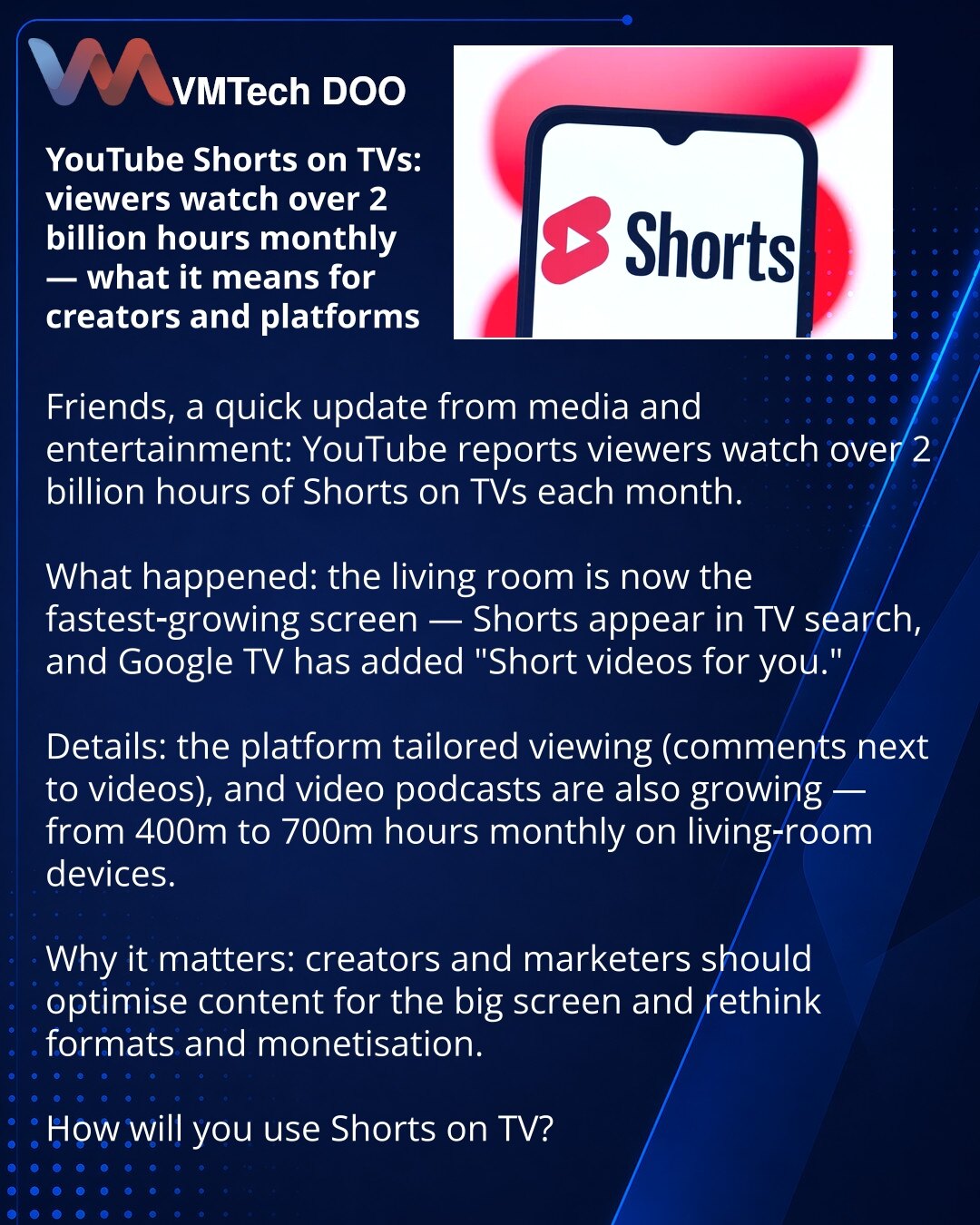 YouTube Shorts na televizorima: gledaoci gledaju više od 2 milijarde sati mesečno — šta to znači za stvaraoce i platforme

Poštovani, želim da podelim iz sveta medija i zabave: YouTube navodi da gledaoci mesečno gledaju preko 2 milijarde sati Shorts na TV ekranima.

Šta se dogodilo: dnevni boravak postaje najbrže rastući ekran — Shorts se prikazuju u pretrazi na TV, a Google TV je uveo odeljak „Short videos for you“.

Detalji: platforma prilagođava doživljaj (komentari pored videa), a video-podk
