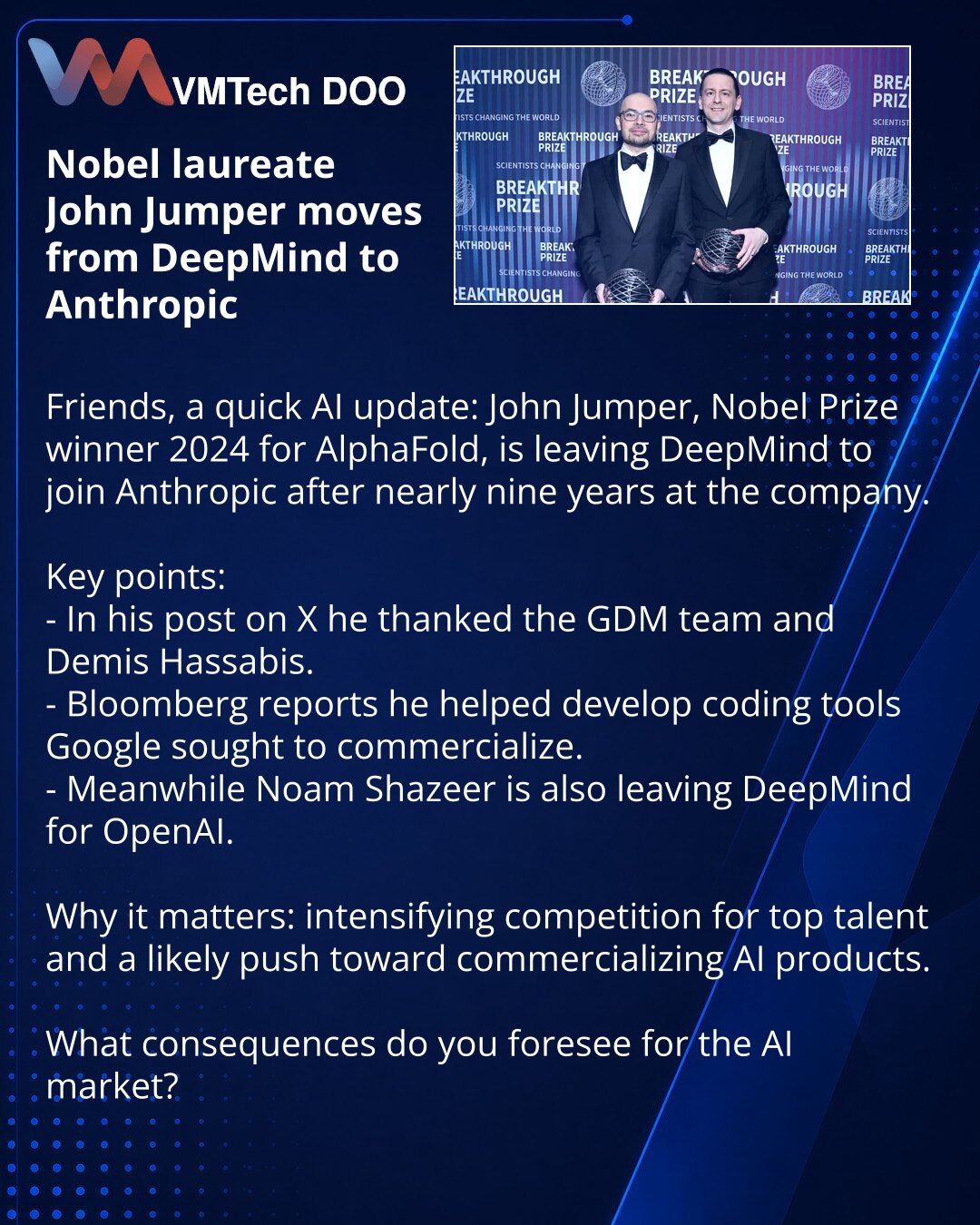 Nobelovac John Jumper prelazi iz DeepMind u Anthropic

Poštovani, želim da podelim vest iz oblasti veštačke inteligencije: John Jumper, dobitnik Nobelove nagrade 2024. za AlphaFold, napušta DeepMind i prelazi u Anthropic nakon skoro devet godina u kompaniji.

Ključne tačke:
- U svom postu na X zahvalio je GDM timu i Demisu Hassabisu.
- Bloomberg navodi da je učestvovao u razvoju alata za kodiranje koje je Google pokušavao da komercijalizuje.
- Paralelno, Noam Shazeer takođe napušta DeepMind i pr