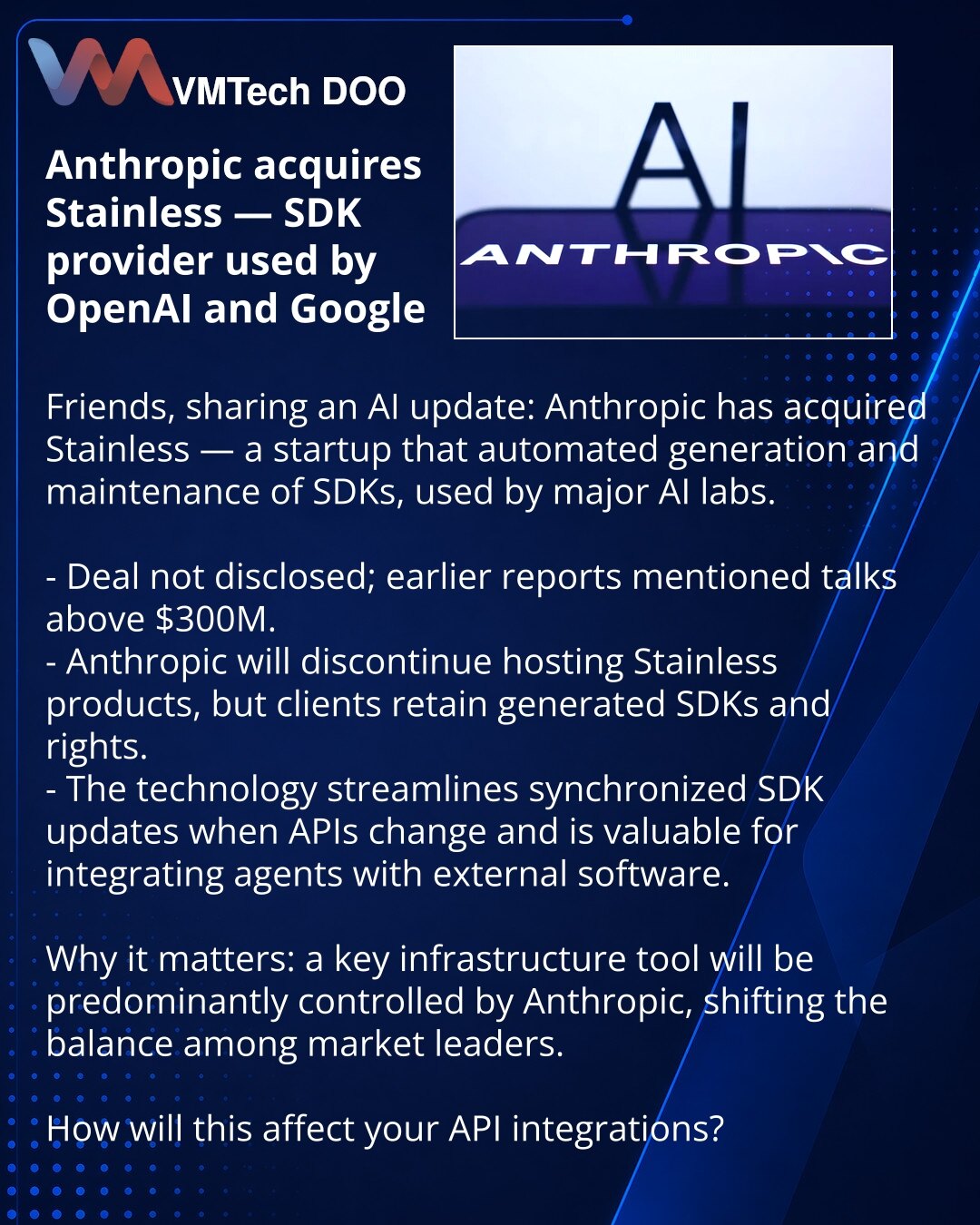 Anthropic preuzeo Stainless — dobavljača SDK koji su koristili OpenAI i Google

Poštovani, želim podeliti vest iz sveta veštačke inteligencije: Anthropic je preuzeo Stainless — startup koji je automatizovao generisanje i podršku SDK-a, tražen kod velikih AI laboratorija.

- Posao nije javno otkriven; ranije su izveštaji govorili o pregovorima većim od 300 miliona dolara.
- Anthropic će zatvoriti hosting Stainless proizvoda, ali klijenti će zadržati generisane SDK-ove i prava na njih.
- Tehnologi