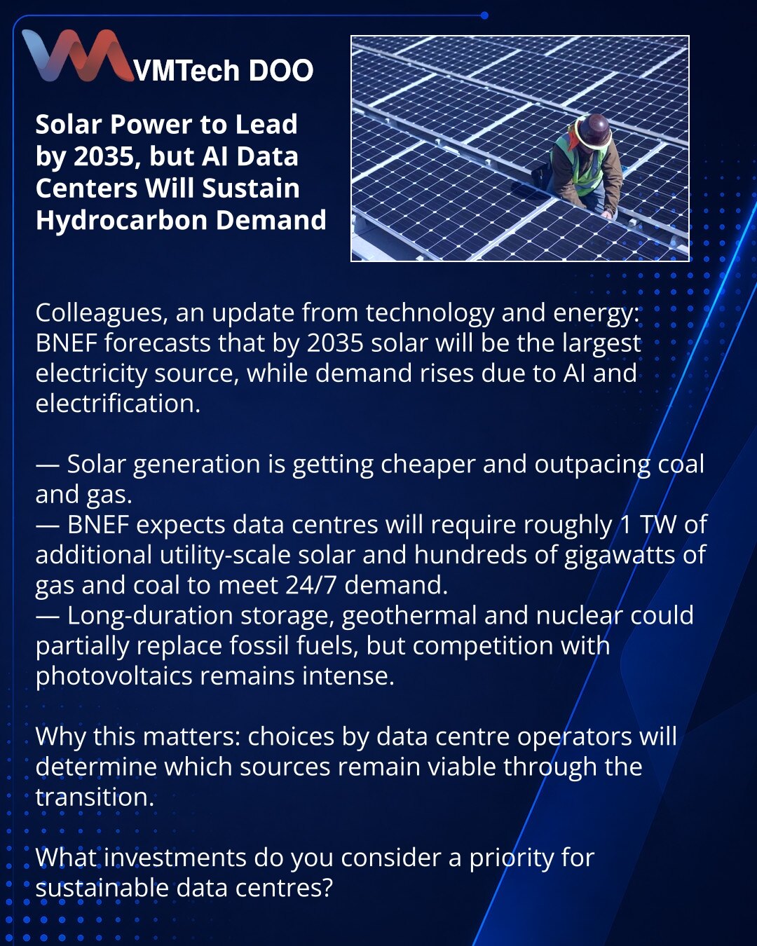 Solarna energija prednjači do 2035, ali data centri na AI održaće potražnju za ugljovodonicima

Prijatelji, želim da podelim iz sveta tehnologije i energetike:
BNEF predviđa da će do 2035 solarna energija postati najveći izvor, a potražnja raste zbog AI i elektrifikacije.

— Solarni izvori pojeftinjuju i prestigli su ugalj i gas.
— BNEF očekuje da će data centri zahtevati dodatno oko 1 TW komunalne solarne proizvodnje i stotine GW gasa i uglja zbog potrebe 24/7.
— Dugoročno skladištenje, geoterm