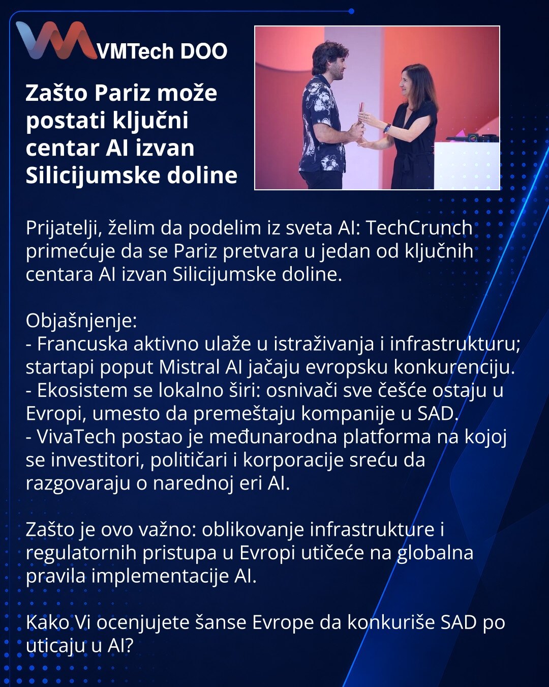 Zašto Pariz može postati ključni centar AI izvan Silicijumske doline

Prijatelji, želim da podelim iz sveta AI: TechCrunch primećuje da se Pariz pretvara u jedan od ključnih centara AI izvan Silicijumske doline.

Objašnjenje:
- Francuska aktivno ulaže u istraživanja i infrastrukturu; startapi poput Mistral AI jačaju evropsku konkurenciju.
- Ekosistem se lokalno širi: osnivači sve češće ostaju u Evropi, umesto da premeštaju kompanije u SAD.
- VivaTech postao je međunarodna platforma na kojoj se i