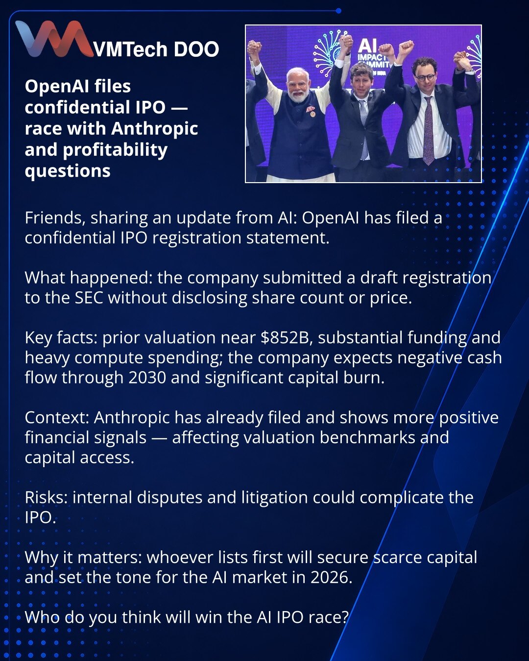 OpenAI podnela poverljivo IPO prijavu — trka sa Anthropic i pitanja profitabilnosti

Prijatelji, želim podeliti vest iz sveta AI: OpenAI je podnela poverljivu IPO prijavu.

Šta se dogodilo: kompanija je uputila SEC-u nacrt registracione prijave, ne otkrivajući broj akcija i cenu.

Ključne činjenice: ranija procena oko 852 milijardi USD, značajna ulaganja i veliki rashodi za računarske resurse; kompanija očekuje negativan novčani tok do 2030. i značajno trošenje kapitala.

Kontekst: Anthropic je