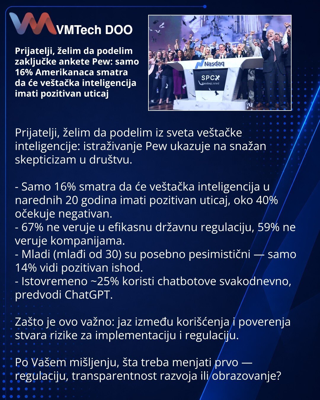 Prijatelji, želim da podelim zaključke ankete Pew: samo 16% Amerikanaca smatra da će veštačka inteligencija imati pozitivan uticaj

Prijatelji, želim da podelim iz sveta veštačke inteligencije: istraživanje Pew ukazuje na snažan skepticizam u društvu.

- Samo 16% smatra da će veštačka inteligencija u narednih 20 godina imati pozitivan uticaj, oko 40% očekuje negativan.
- 67% ne veruje u efikasnu državnu regulaciju, 59% ne veruje kompanijama.
- Mladi (mlađi od 30) su posebno pesimistični — samo 1