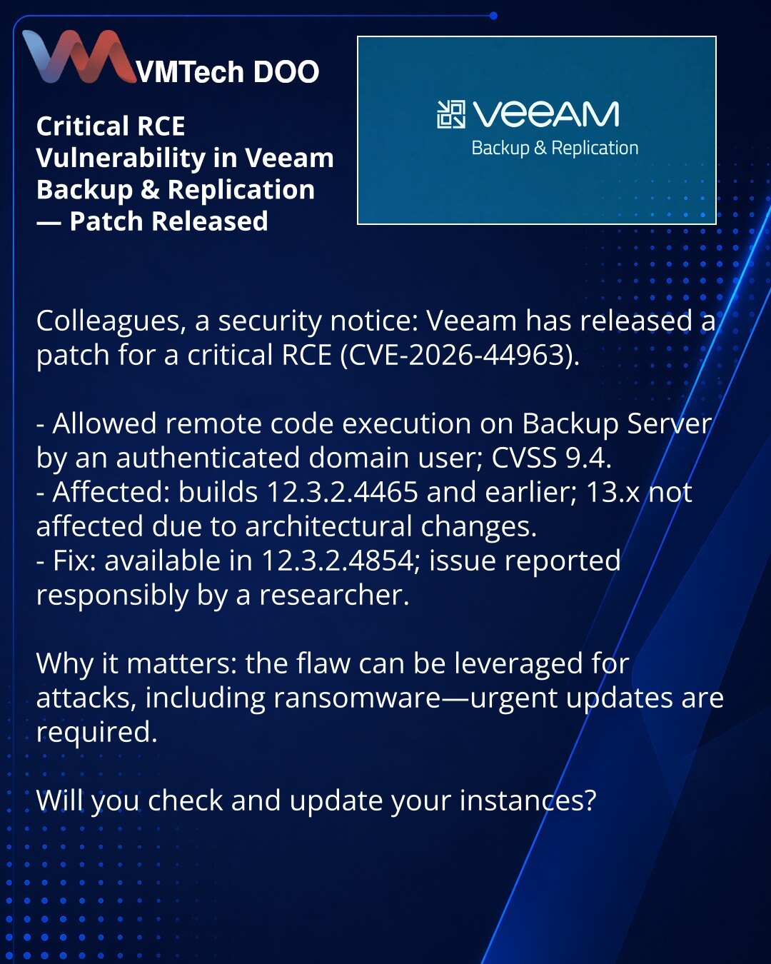 Kritična RCE-ranjivost u Veeam Backup & Replication — zakrpa objavljena

Kolege, želim skrenuti pažnju u oblasti sajber bezbednosti: Veeam je objavio zakrpu za kritičnu RCE-ranjivost (CVE-2026-44963).

- Ranjivost je omogućavala udaljeno izvršenje koda na Backup Serveru autorizovanom domen korisniku; CVSS 9.4.
- Zahvaćene su verzije do 12.3.2.4465; verzija 13.x nije pogođena zbog arhitektonskih izmena.
- Ispravka je dostupna u verziji 12.3.2.4854; istraživač je prijavio odgovorno.

Zašto je ovo