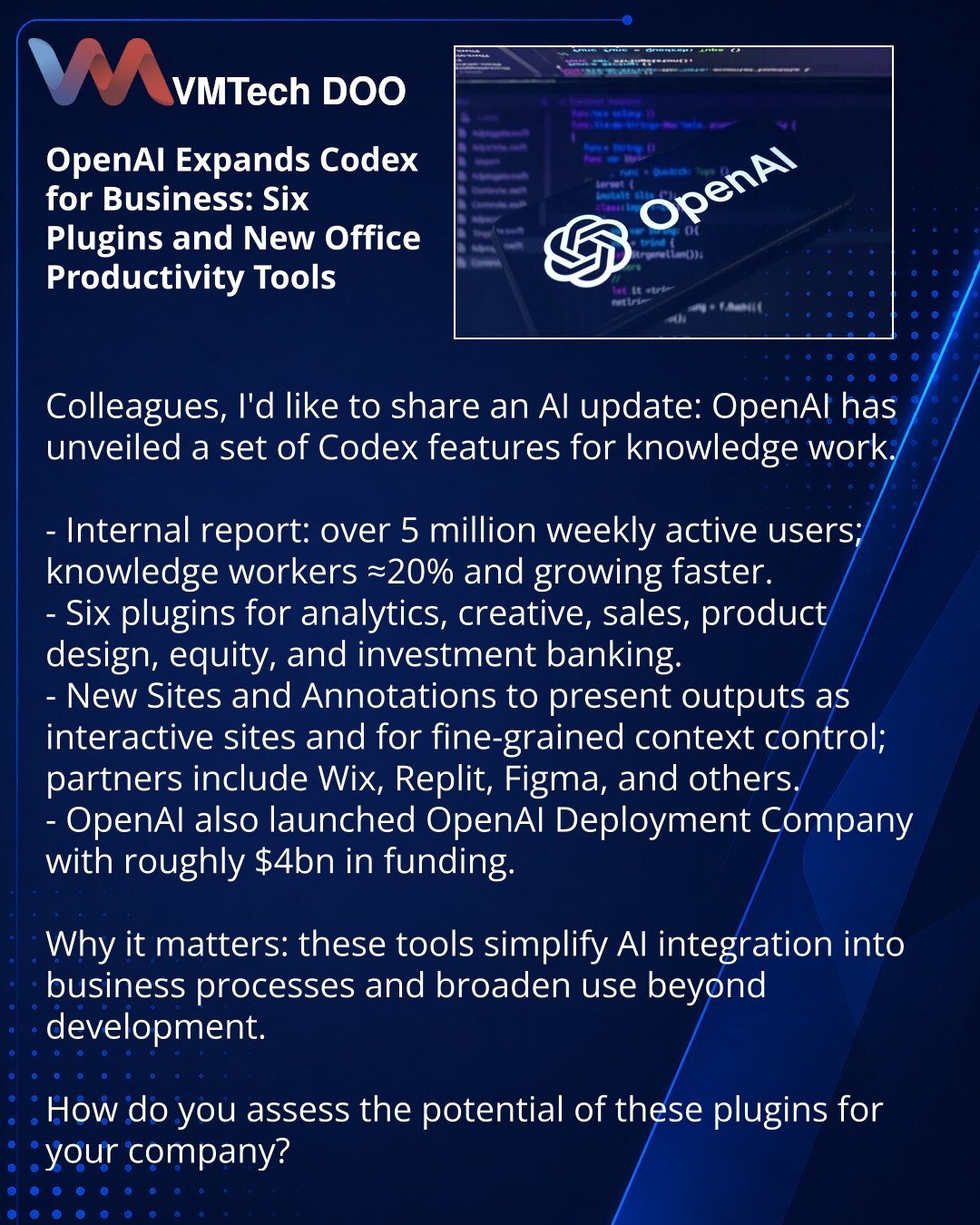 OpenAI širi Codex za preduzeća: šest plug‑inova i novi alati za poslovne procese

Poštovani, želim da podelim iz sveta veštačke inteligencije: OpenAI je predstavio paket funkcija Codex za rad sa znanjem.

- Interni izveštaj: više od 5 miliona nedeljno aktivnih korisnika; inteligentni radnici ≈ 20% i rastu brže.
- Šest plug‑inova za analitiku, kreativnost, prodaju, dizajn proizvoda, equity i investiciono bankarstvo.
- Novi Sites i Annotations za prikaz rezultata kao interaktivnih sajtova i preciz